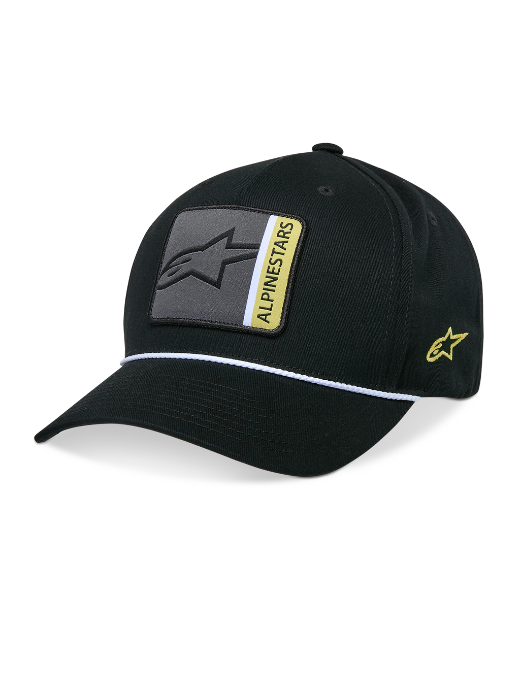 Alpinestars Specific Snapback Hat, czarna czapka z daszkiem, zakrzywiony daszek z wykończeniem z białego plecionego sznurka, szaro-żółta naszywka z logo z przodu, żółty haft z logo z boku, usztywniona korona, codzienne nakrycie głowy inspirowane motorsportem