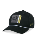 Alpinestars Specific Snapback Hat, czarna czapka z daszkiem, zakrzywiony daszek z wykończeniem z białego plecionego sznurka, szaro-żółta naszywka z logo z przodu, żółty haft z logo z boku, usztywniona korona, codzienne nakrycie głowy inspirowane motorsportem