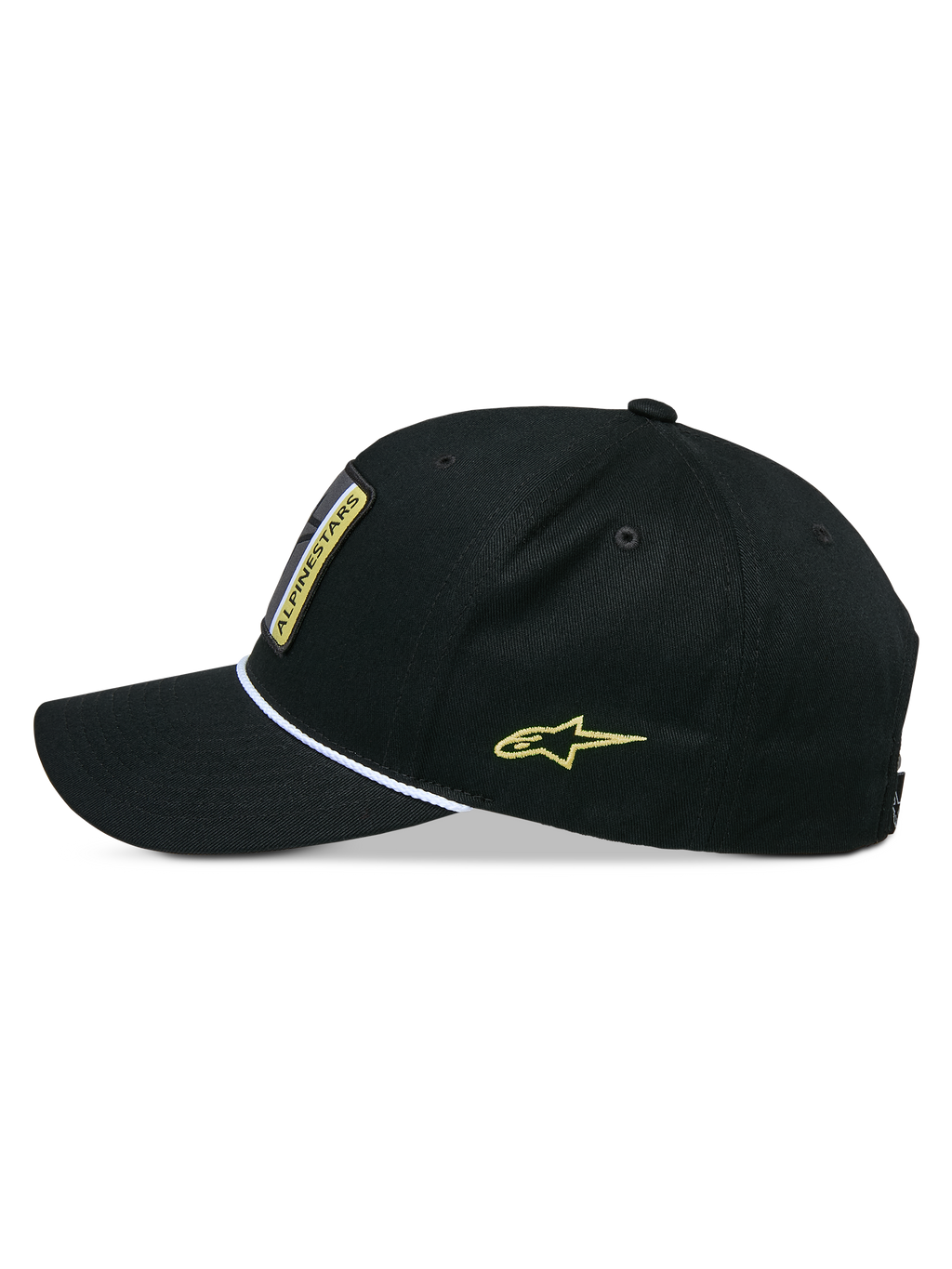 Alpinestars Specific Snapback Hat, czarna czapka z daszkiem typu snapback, widok z boku, zakrzywiony daszek z białym plecionym sznurkiem, żółty haft z logo Astars z boku, usztywniona korona, codzienne nakrycie głowy