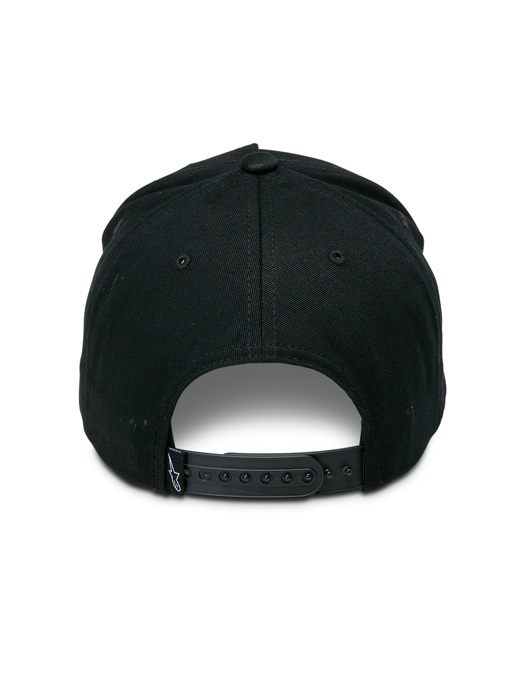 Alpinestars Specific Snapback Hat, czarna, widok z tyłu, regulowane plastikowe zapięcie snapback, małe białe logo Astars na tylnej metce, usztywniona korona, codzienne nakrycie głowy w stylu motorsport