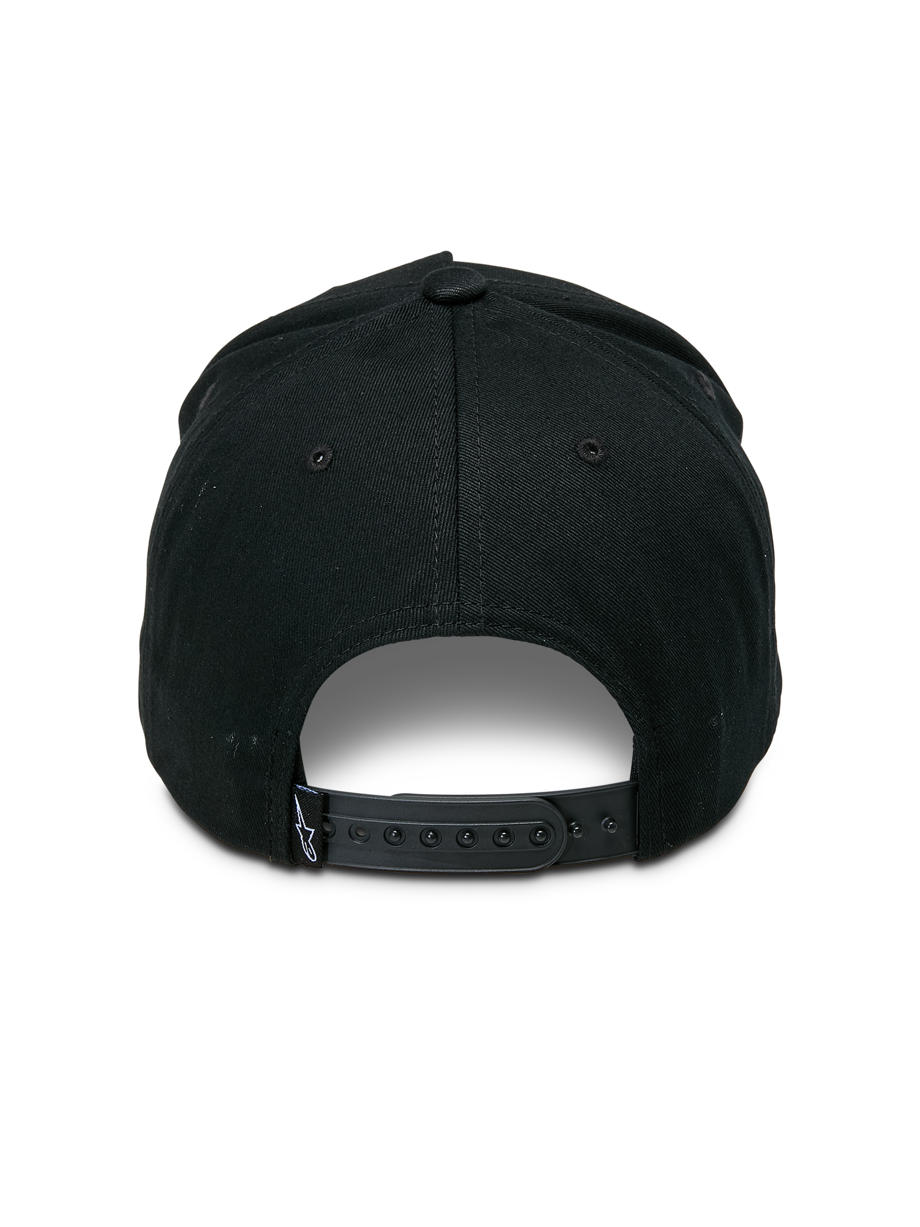 Alpinestars Specific Snapback Hat, czarna, widok z tyłu, regulowane plastikowe zapięcie snapback, małe białe logo Astars na tylnej metce, usztywniona korona, codzienne nakrycie głowy w stylu motorsport