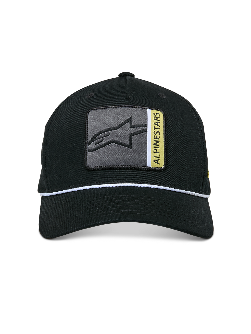 Alpinestars Specific Snapback Hat, czarna czapka z daszkiem, przednia wielokolorowa naszywka z logo Astars z szarymi i żółtymi detalami, biały pleciony sznurek ozdobny, zakrzywiony daszek, usztywniona korona, casual streetwear