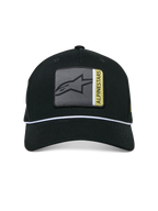 Alpinestars Specific Snapback Hat, czarna czapka z daszkiem, przednia wielokolorowa naszywka z logo Astars z szarymi i żółtymi detalami, biały pleciony sznurek ozdobny, zakrzywiony daszek, usztywniona korona, casual streetwear