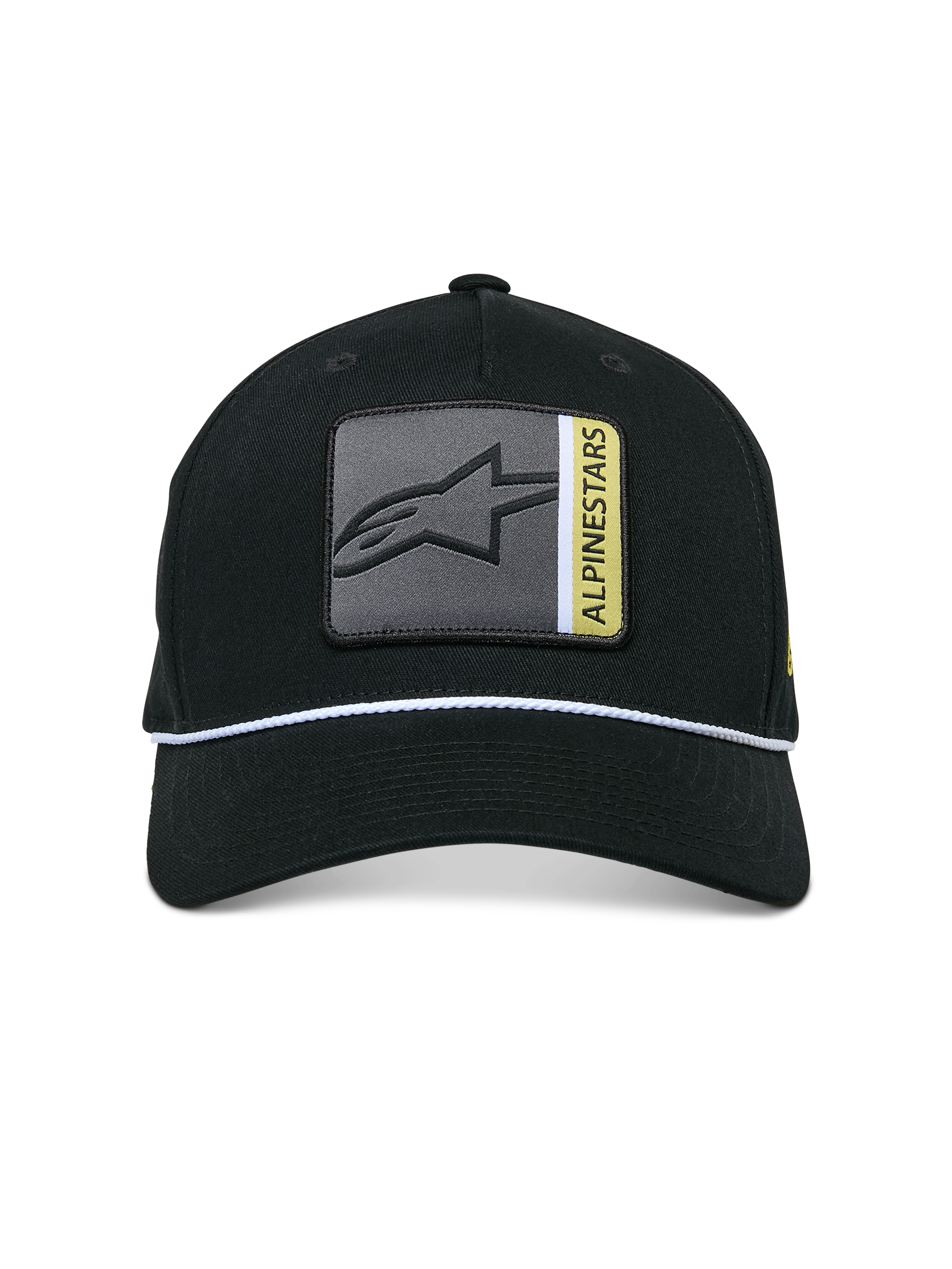Alpinestars Specific Snapback Hat, czarna czapka z daszkiem, przednia wielokolorowa naszywka z logo Astars z szarymi i żółtymi detalami, biały pleciony sznurek ozdobny, zakrzywiony daszek, usztywniona korona, casual streetwear
