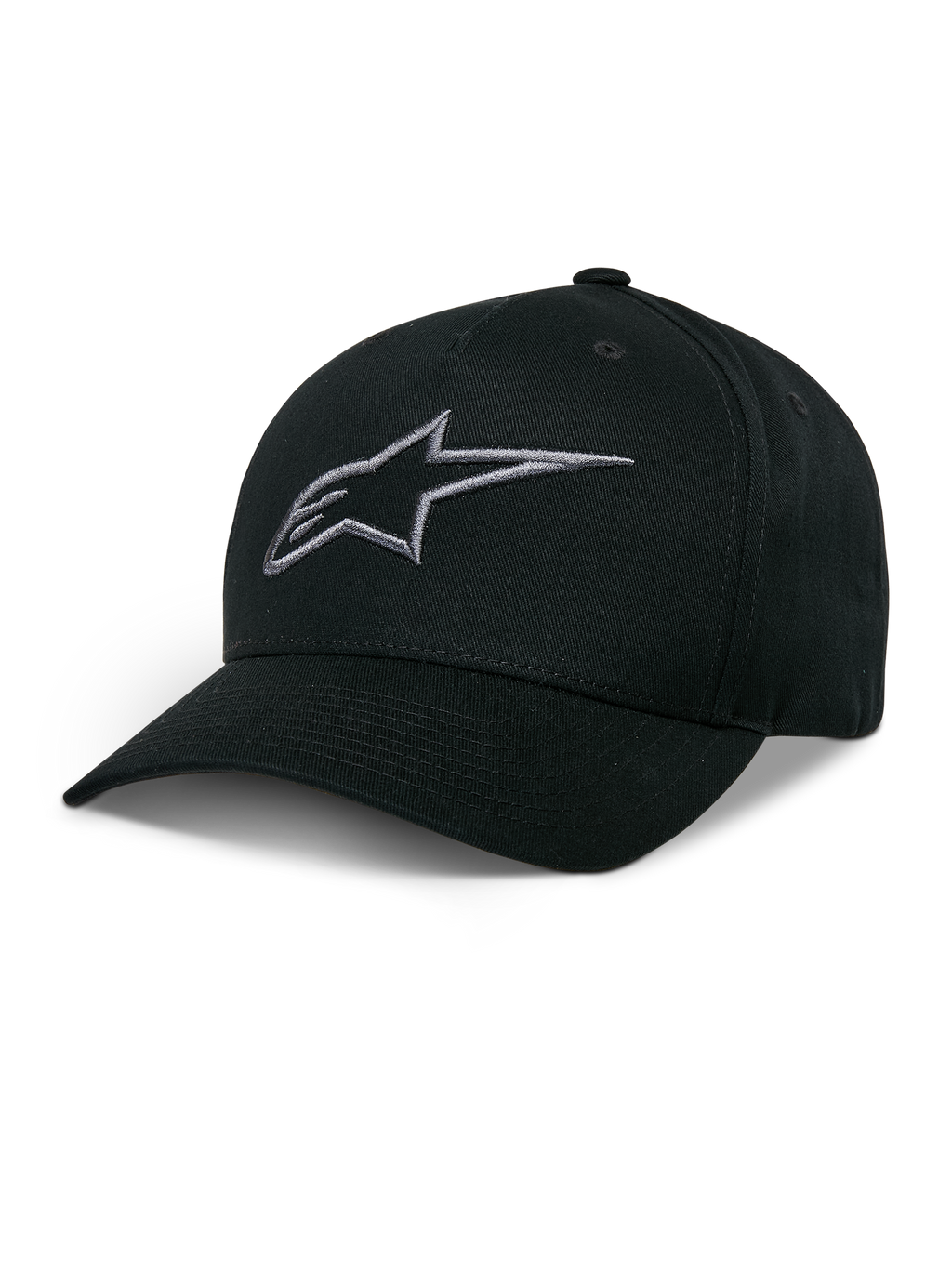 Alpinestars Ageless Snapback Hat, czarna czapka z daszkiem, grafitowe haftowane logo gwiazdy, zakrzywiony daszek, usztywniona korona, casualowe nakrycie głowy w stylu motorsportowym