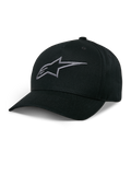 Alpinestars Ageless Snapback Hat, czarna czapka z daszkiem, grafitowe haftowane logo gwiazdy, zakrzywiony daszek, usztywniona korona, casualowe nakrycie głowy w stylu motorsportowym