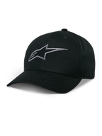 Alpinestars Ageless Snapback Hat, czarna czapka z daszkiem, grafitowe haftowane logo gwiazdy, zakrzywiony daszek, usztywniona korona, casualowe nakrycie głowy w stylu motorsportowym