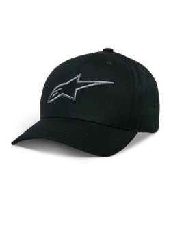 Alpinestars Ageless Snapback Hat, czarna czapka z daszkiem, grafitowe haftowane logo gwiazdy, zakrzywiony daszek, usztywniona korona, casualowe nakrycie głowy w stylu motorsportowym