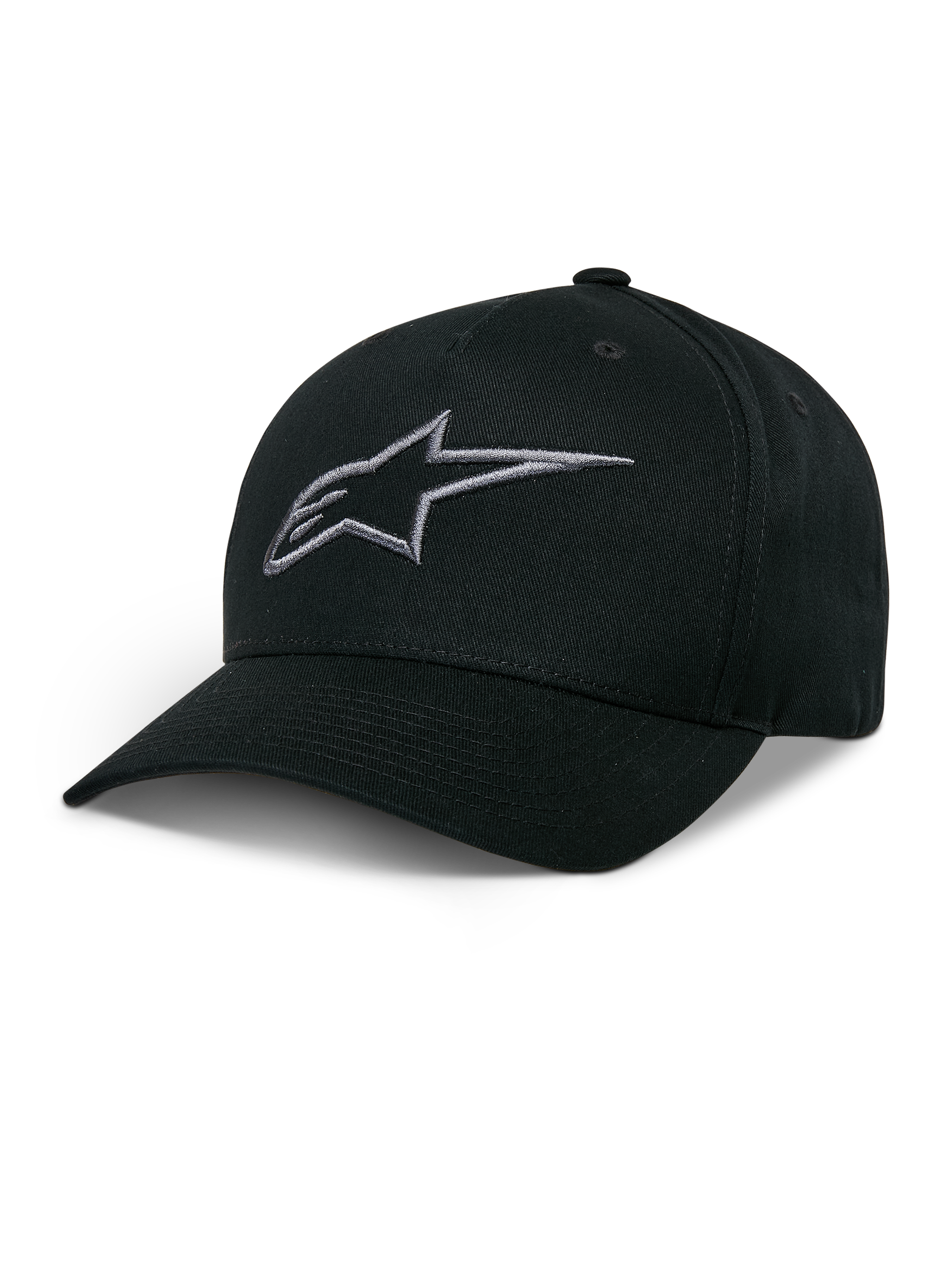 Alpinestars Ageless Snapback Hat, czarna czapka z daszkiem, grafitowe haftowane logo gwiazdy, zakrzywiony daszek, usztywniona korona, casualowe nakrycie głowy w stylu motorsportowym