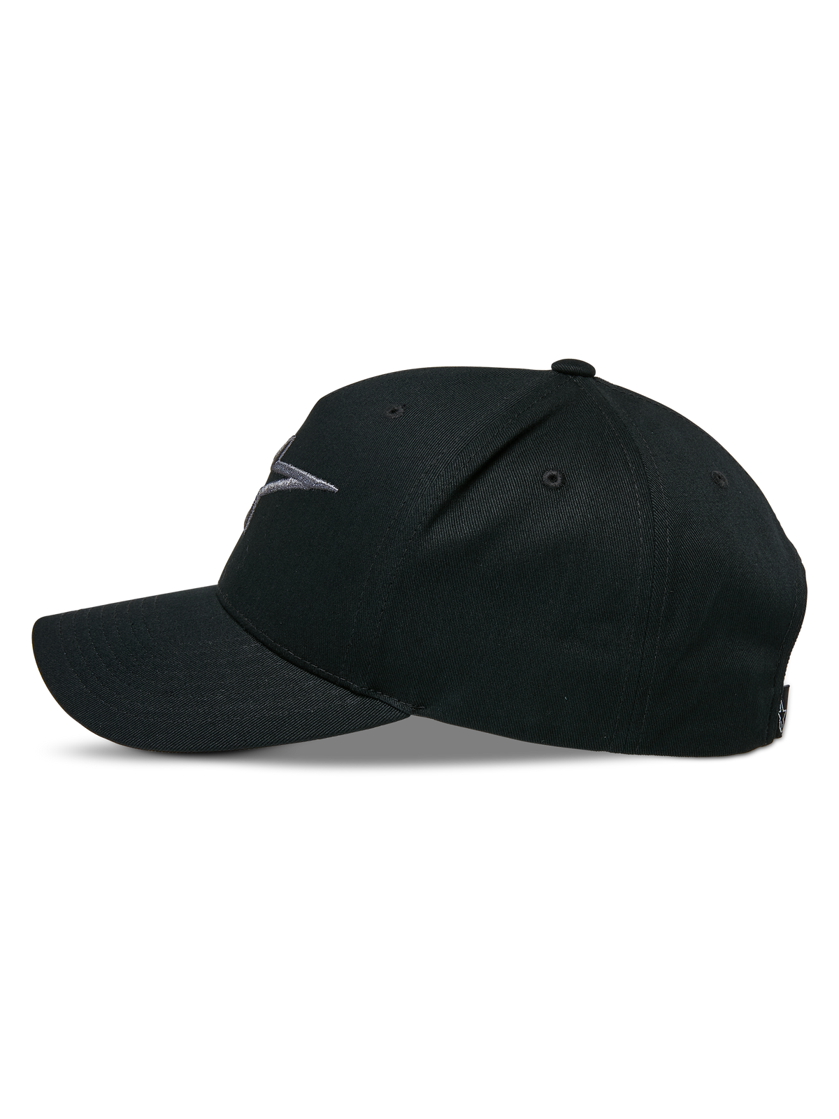 Alpinestars Ageless Snapback Hat, profil boczny, kolor czarno-grafitowy, zakrzywiony daszek z usztywnioną koroną, haftowane logo 3D z przodu, główna tkanina z kepru bawełnianego, codzienna czapka w stylu motorsport