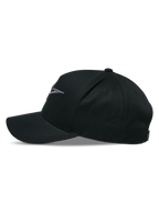 Alpinestars Ageless Snapback Hat, profil boczny, kolor czarno-grafitowy, zakrzywiony daszek z usztywnioną koroną, haftowane logo 3D z przodu, główna tkanina z kepru bawełnianego, codzienna czapka w stylu motorsport