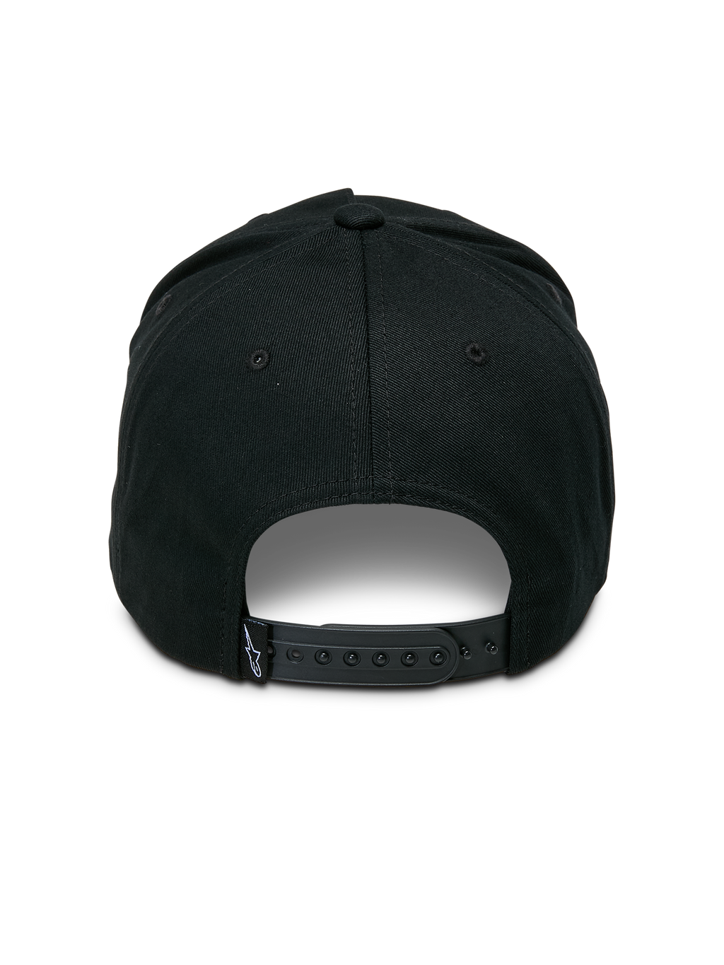 Czapka Alpinestars Ageless Snapback, czarna, widok z tyłu z regulowanym zapięciem typu snapback, mała tkana metka z logo gwiazdy, usztywniona korona z kepru bawełnianego, codzienne nakrycie głowy inspirowane motorsportem