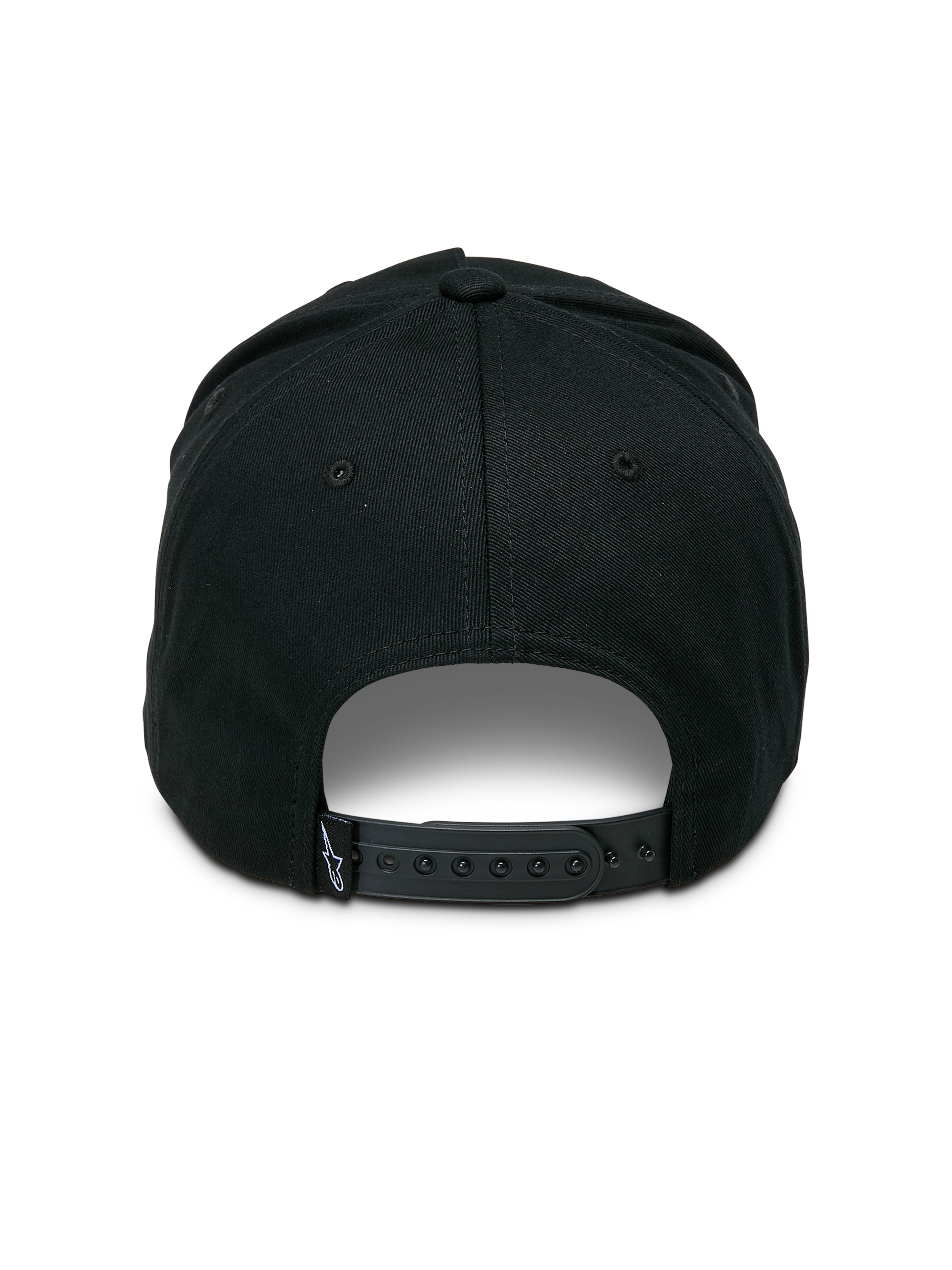 Czapka Alpinestars Ageless Snapback, czarna, widok z tyłu z regulowanym zapięciem typu snapback, mała tkana metka z logo gwiazdy, usztywniona korona z kepru bawełnianego, codzienne nakrycie głowy inspirowane motorsportem