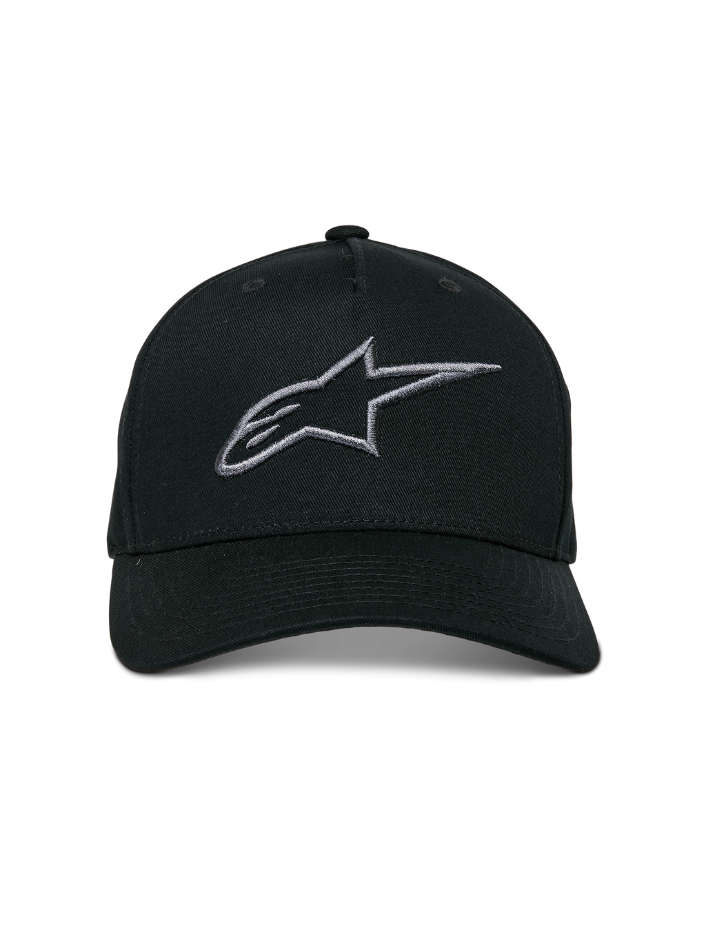 Alpinestars Ageless Snapback Hat, czarno-grafitowa czapka z daszkiem, zakrzywiony daszek, usztywniona korona, liniowe logo haftowane 3D, codzienne nakrycie głowy inspirowane motorsportem
