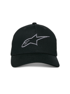 Alpinestars Ageless Snapback Hat, czarno-grafitowa czapka z daszkiem, zakrzywiony daszek, usztywniona korona, liniowe logo haftowane 3D, codzienne nakrycie głowy inspirowane motorsportem