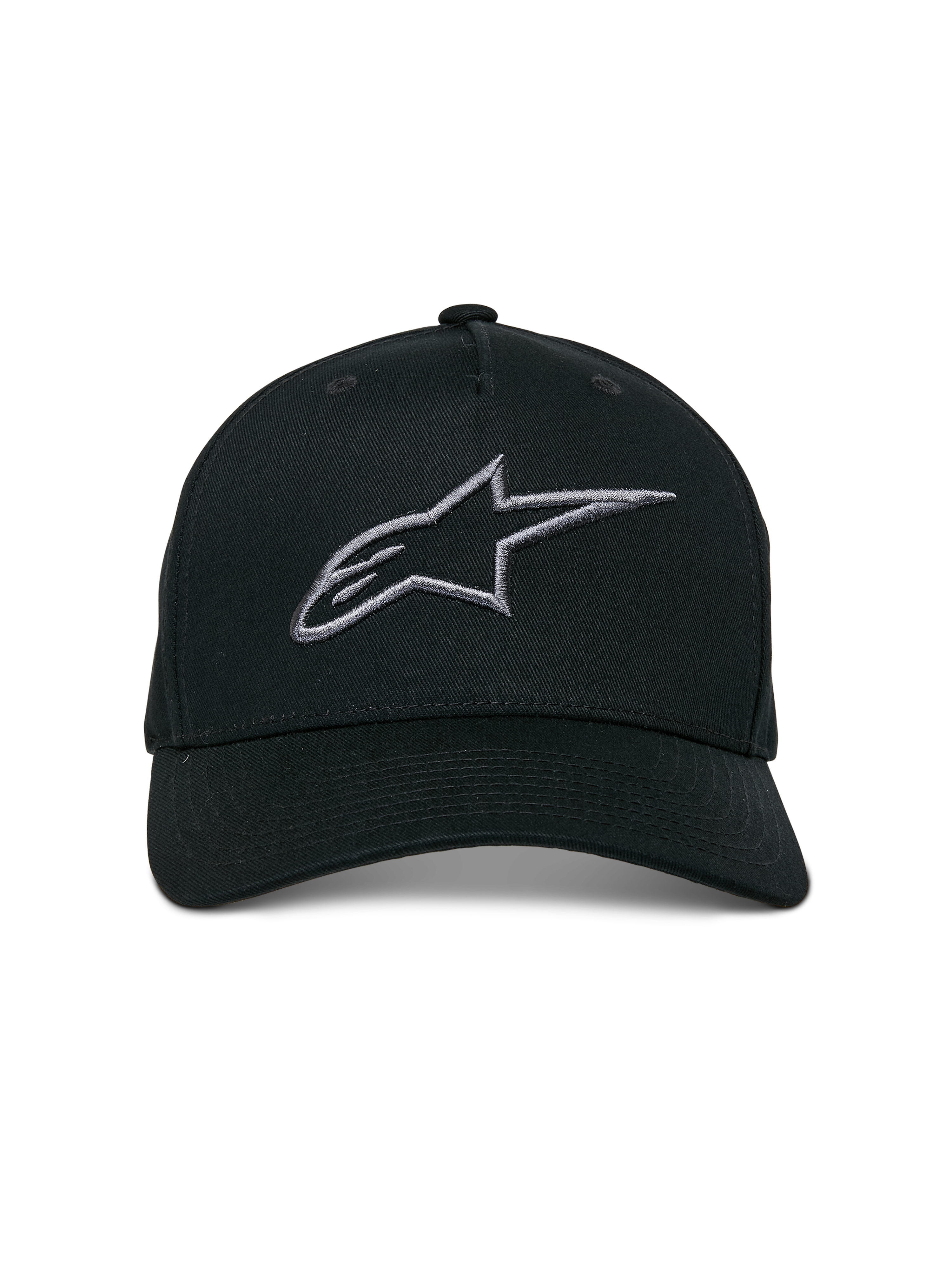 Alpinestars Ageless Snapback Hat, czarno-grafitowa czapka z daszkiem, zakrzywiony daszek, usztywniona korona, liniowe logo haftowane 3D, codzienne nakrycie głowy inspirowane motorsportem