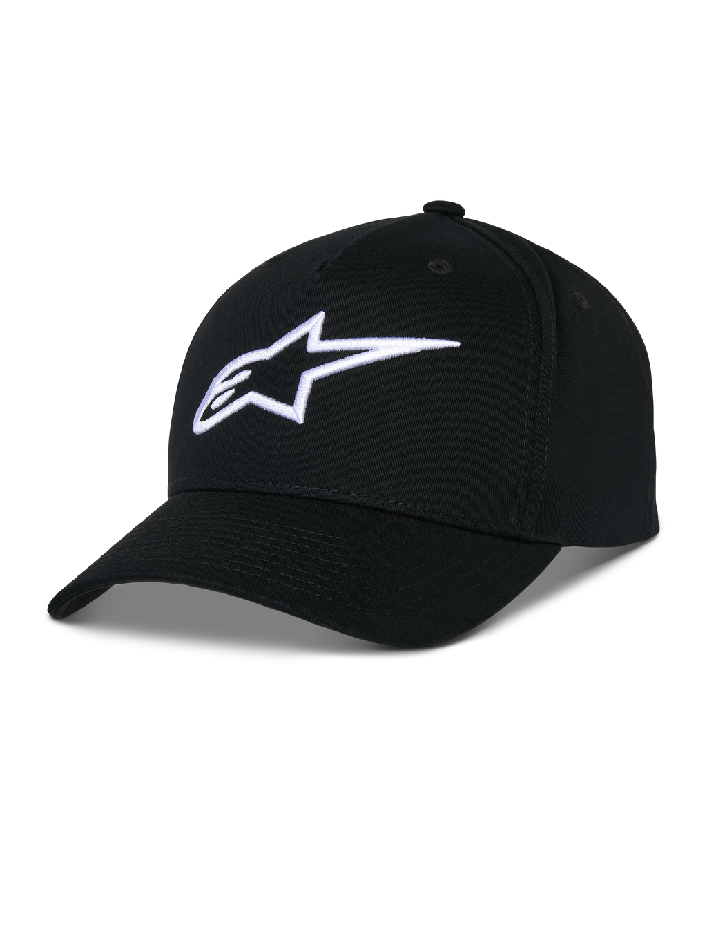 Czapka Alpinestars Ageless Snapback Hat, czarna czapka z bawełnianego twillu, strukturalna korona z zakrzywionym daszkiem, białe haftowane logo 3D star, odzież sportowa inspirowana sportami motorowymi