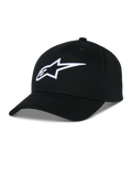Czapka Alpinestars Ageless Snapback Hat, czarna czapka z bawełnianego twillu, strukturalna korona z zakrzywionym daszkiem, białe haftowane logo 3D star, odzież sportowa inspirowana sportami motorowymi