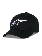 Czapka Alpinestars Ageless Snapback Hat, czarna czapka z bawełnianego twillu, strukturalna korona z zakrzywionym daszkiem, białe haftowane logo 3D star, odzież sportowa inspirowana sportami motorowymi