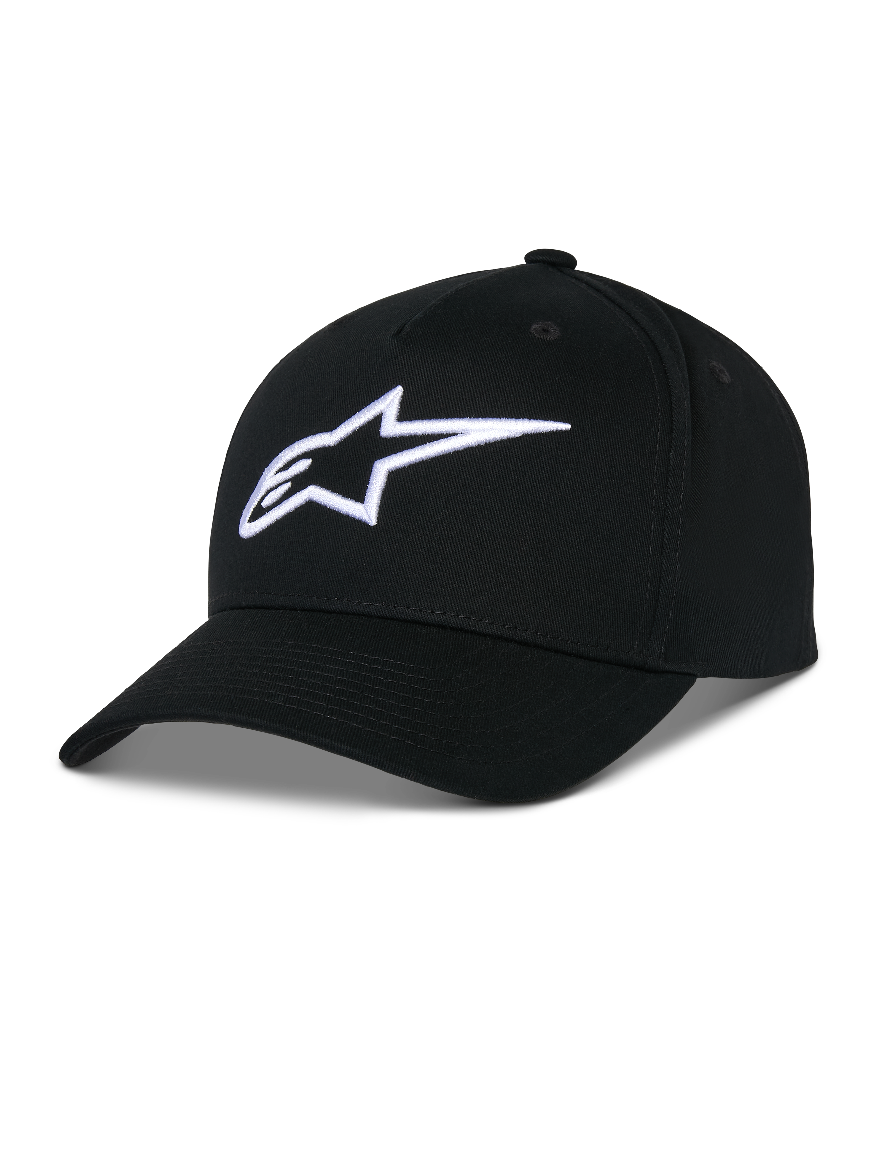 Czapka Alpinestars Ageless Snapback Hat, czarna czapka z bawełnianego twillu, strukturalna korona z zakrzywionym daszkiem, białe haftowane logo 3D star, odzież sportowa inspirowana sportami motorowymi