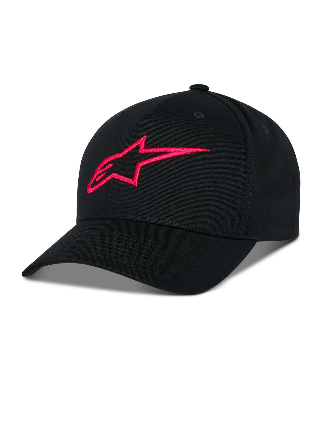 Alpinestars Ageless Snapback Hat, czarna czapka z daszkiem z czerwonym haftowanym logo A-star 3D, strukturalna korona z zakrzywionym daszkiem, bawełniana tkanina twill, sportowy dodatek na co dzień