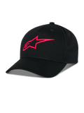 Alpinestars Ageless Snapback Hat, czarna czapka z daszkiem z czerwonym haftowanym logo A-star 3D, strukturalna korona z zakrzywionym daszkiem, bawełniana tkanina twill, sportowy dodatek na co dzień