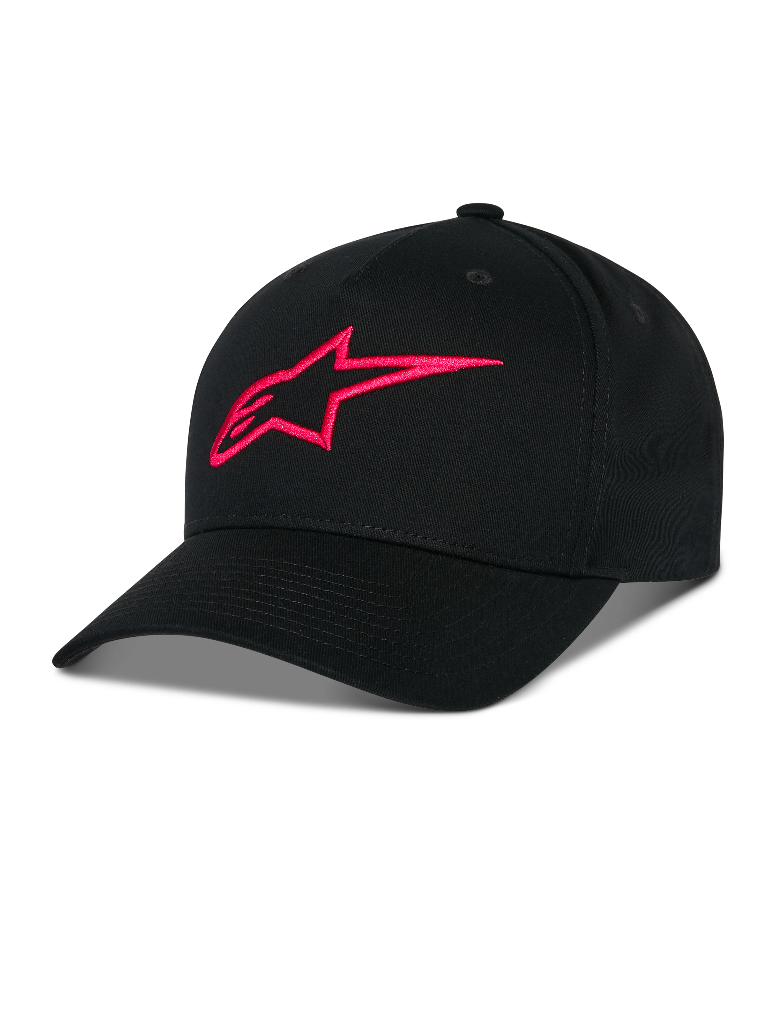 Alpinestars Ageless Snapback Hat, czarna czapka z daszkiem z czerwonym haftowanym logo A-star 3D, strukturalna korona z zakrzywionym daszkiem, bawełniana tkanina twill, sportowy dodatek na co dzień