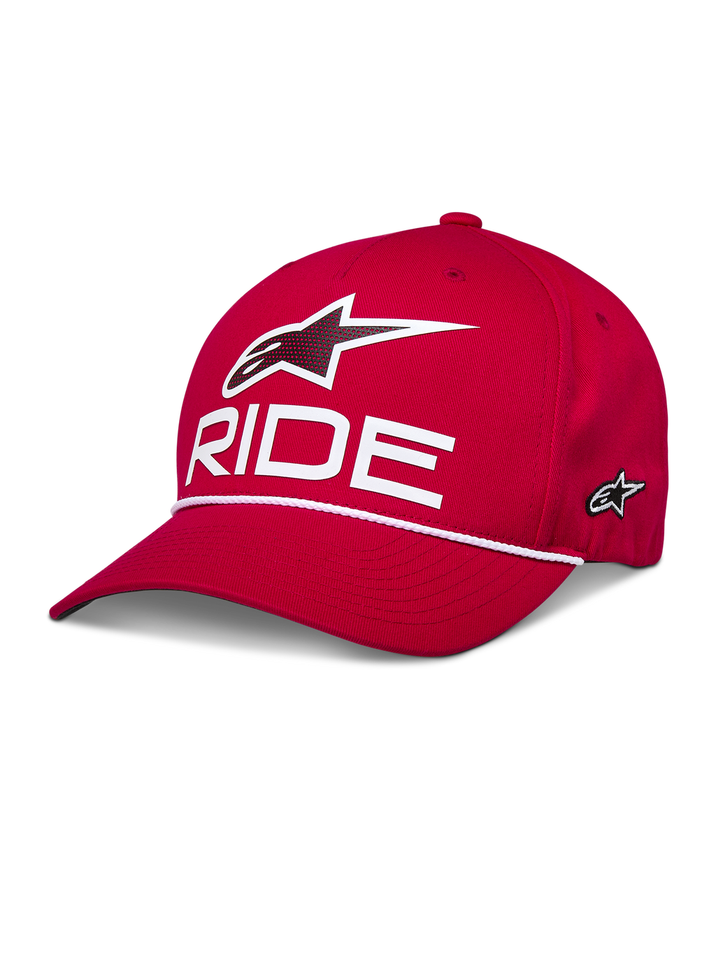 Alpinestars Ride Comp Snapback Hat, czerwona czapka z daszkiem typu snapback, białe logo 3D Astars i napis „RIDE”, zakrzywiony daszek z białym plecionym sznurkiem, usztywniona korona, sportowy styl casual