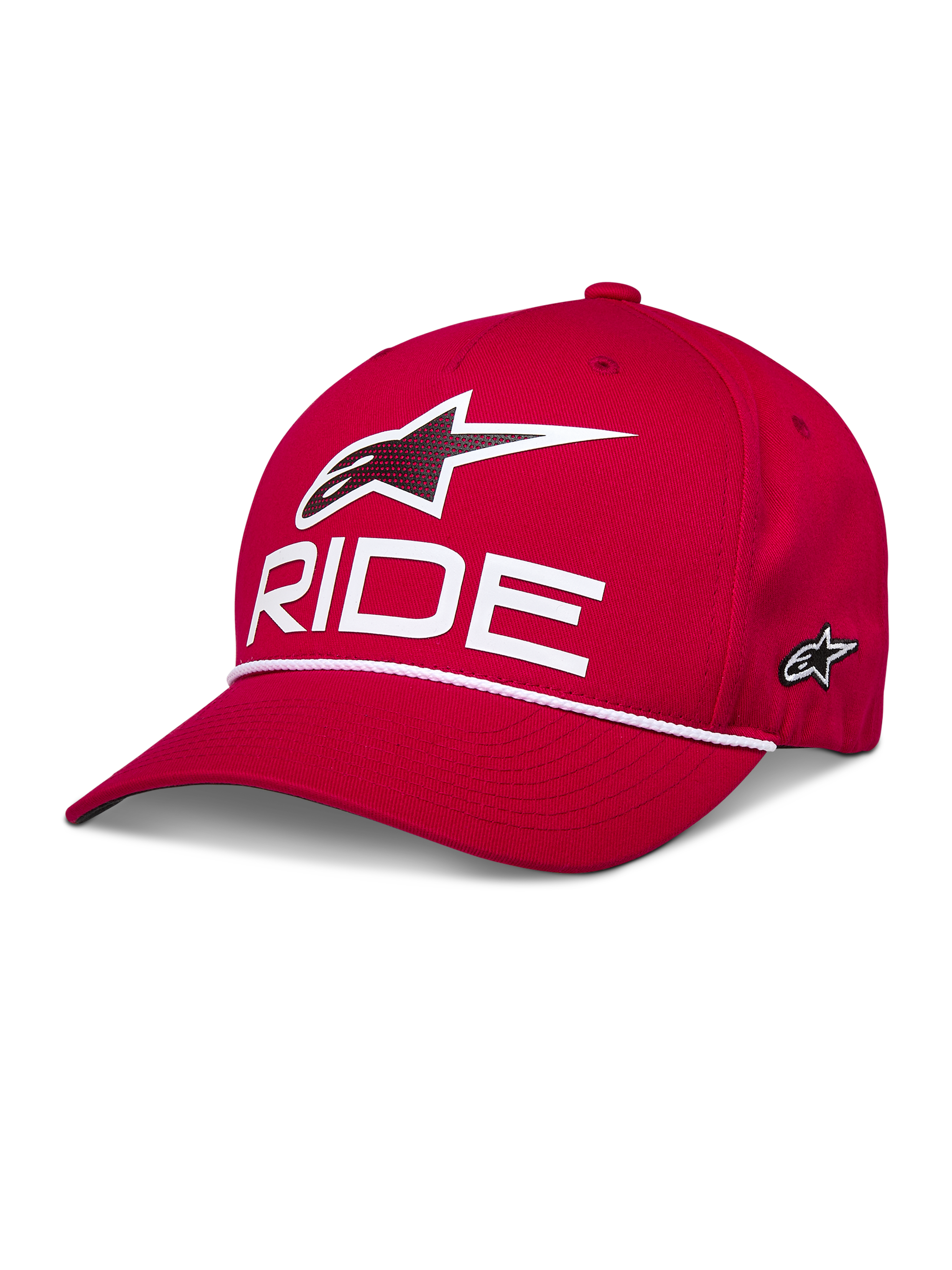 Alpinestars Ride Comp Snapback Hat, czerwona czapka z daszkiem typu snapback, białe logo 3D Astars i napis „RIDE”, zakrzywiony daszek z białym plecionym sznurkiem, usztywniona korona, sportowy styl casual