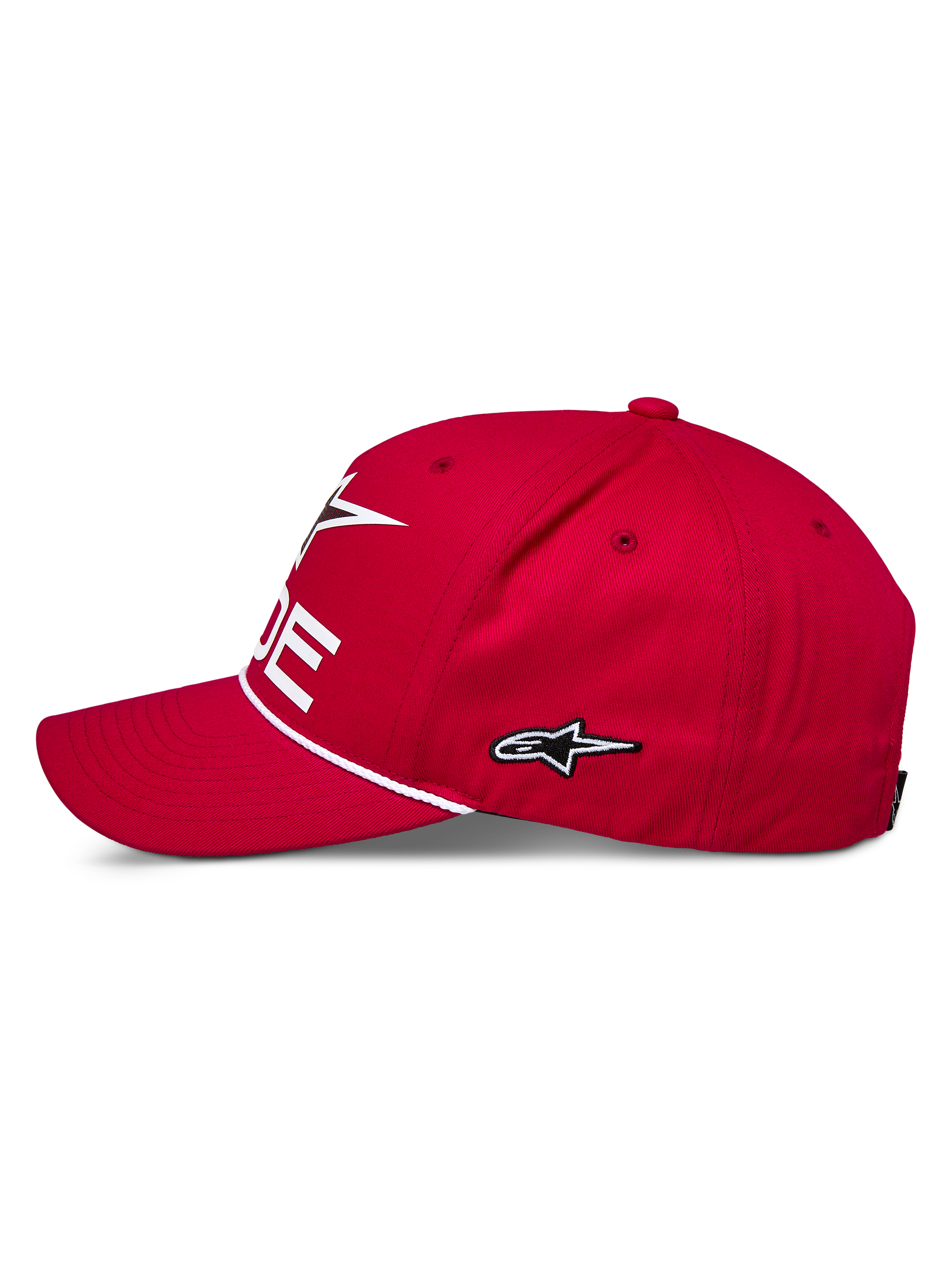 Czapka Alpinestars Ride Comp Snapback, czerwona, profil boczny, białe haftowane logo gwiazdy, ozdobny pleciony sznur, zakrzywiony daszek, sportowa odzież motorsportowa