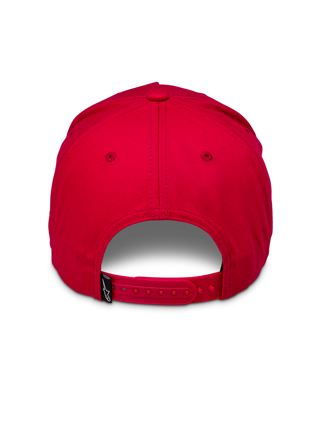 Alpinestars Ride Comp Snapback Hat, czerwona czapka z daszkiem, widok z tyłu, regulowane czerwone zapięcie snapback, mała czarna tkana metka z białym logo, usztywniona korona, casualowe nakrycie głowy