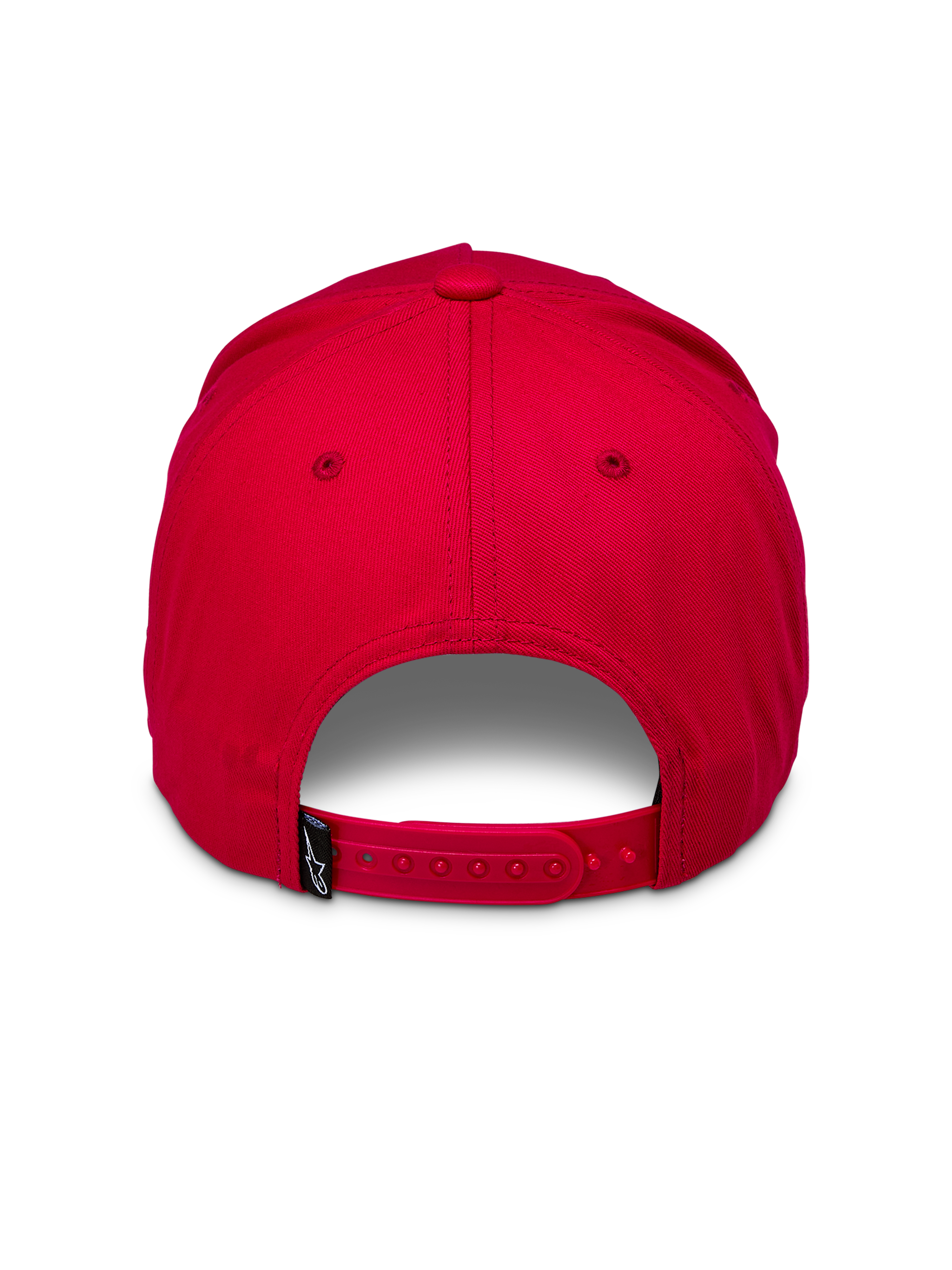Alpinestars Ride Comp Snapback Hat, czerwona czapka z daszkiem, widok z tyłu, regulowane czerwone zapięcie snapback, mała czarna tkana metka z białym logo, usztywniona korona, casualowe nakrycie głowy