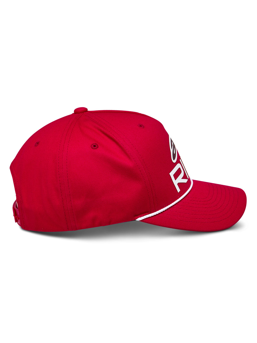Alpinestars Ride Comp Snapback Hat, czerwona czapka z daszkiem, widok z boku, zakrzywiony daszek z białym plecionym sznurkiem, usztywniona korona z białym logo Astars Ride, sportowe nakrycie głowy