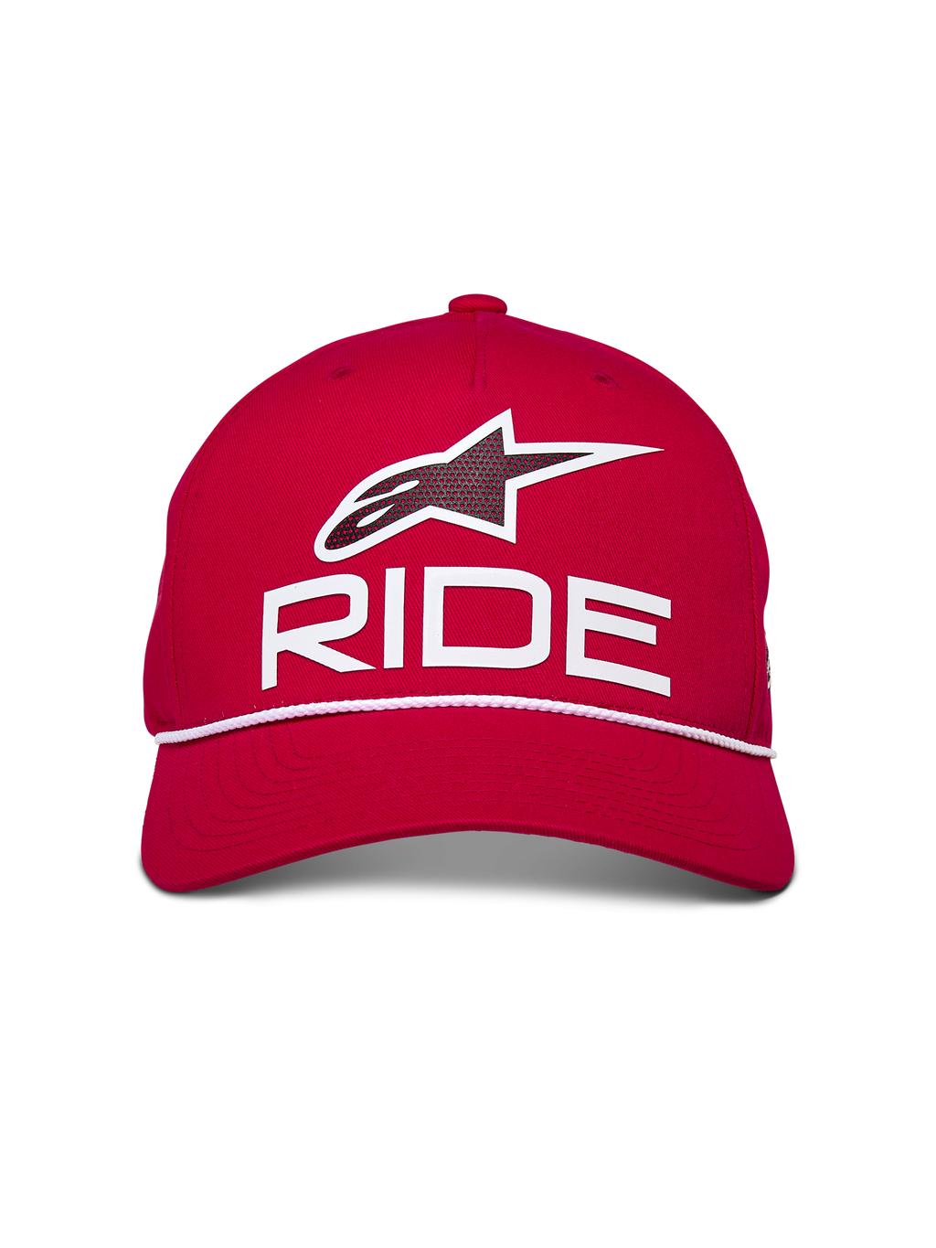 Alpinestars Ride Comp Snapback Hat, czerwona z białymi i czarnymi elementami, z logo Astars Ride w druku 3D i białym ozdobnym sznurem, usztywniona korona z zakrzywionym daszkiem, codzienne nakrycie głowy inspirowane sportami motorowymi