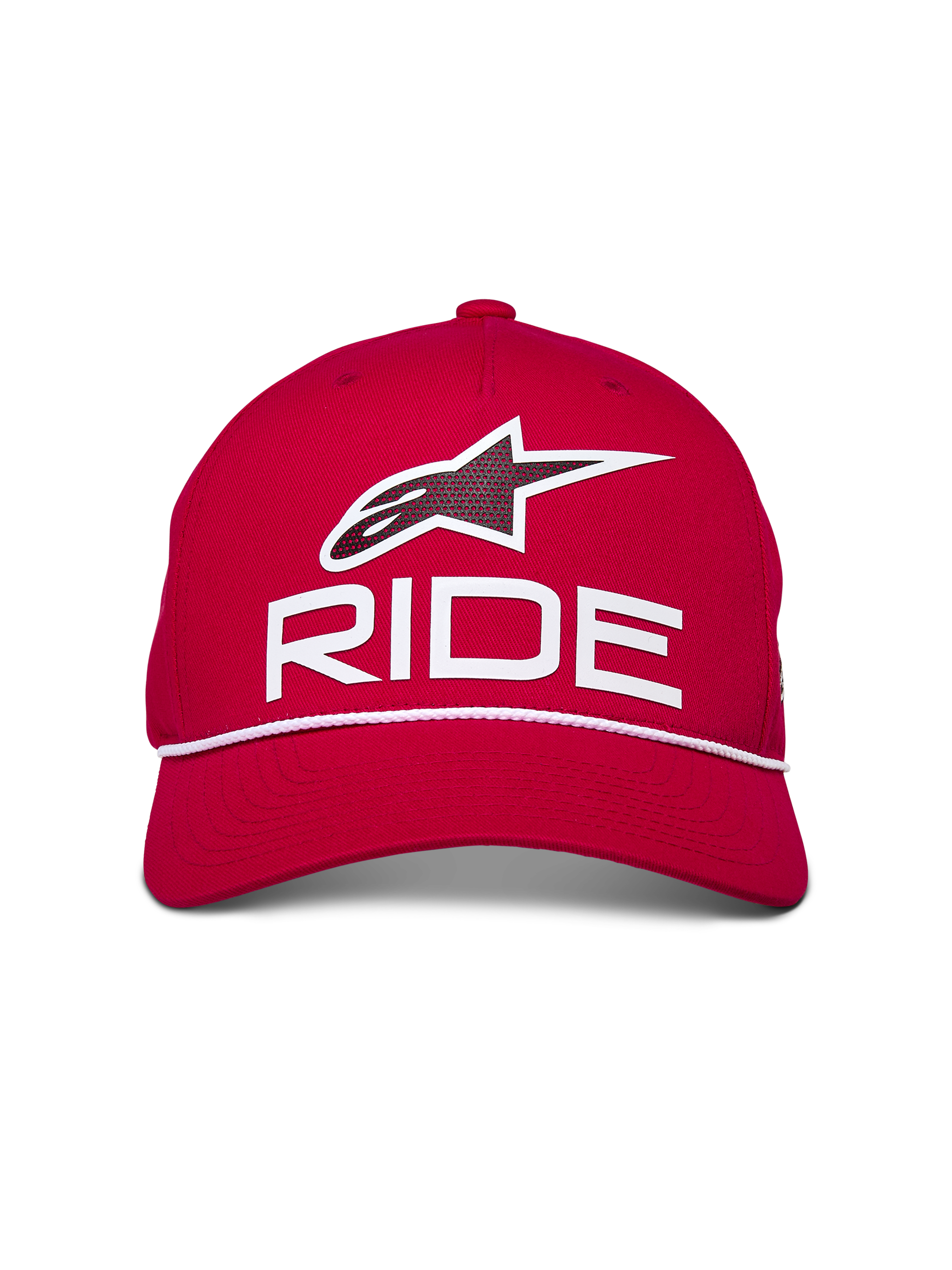 Alpinestars Ride Comp Snapback Hat, czerwona z białymi i czarnymi elementami, z logo Astars Ride w druku 3D i białym ozdobnym sznurem, usztywniona korona z zakrzywionym daszkiem, codzienne nakrycie głowy inspirowane sportami motorowymi