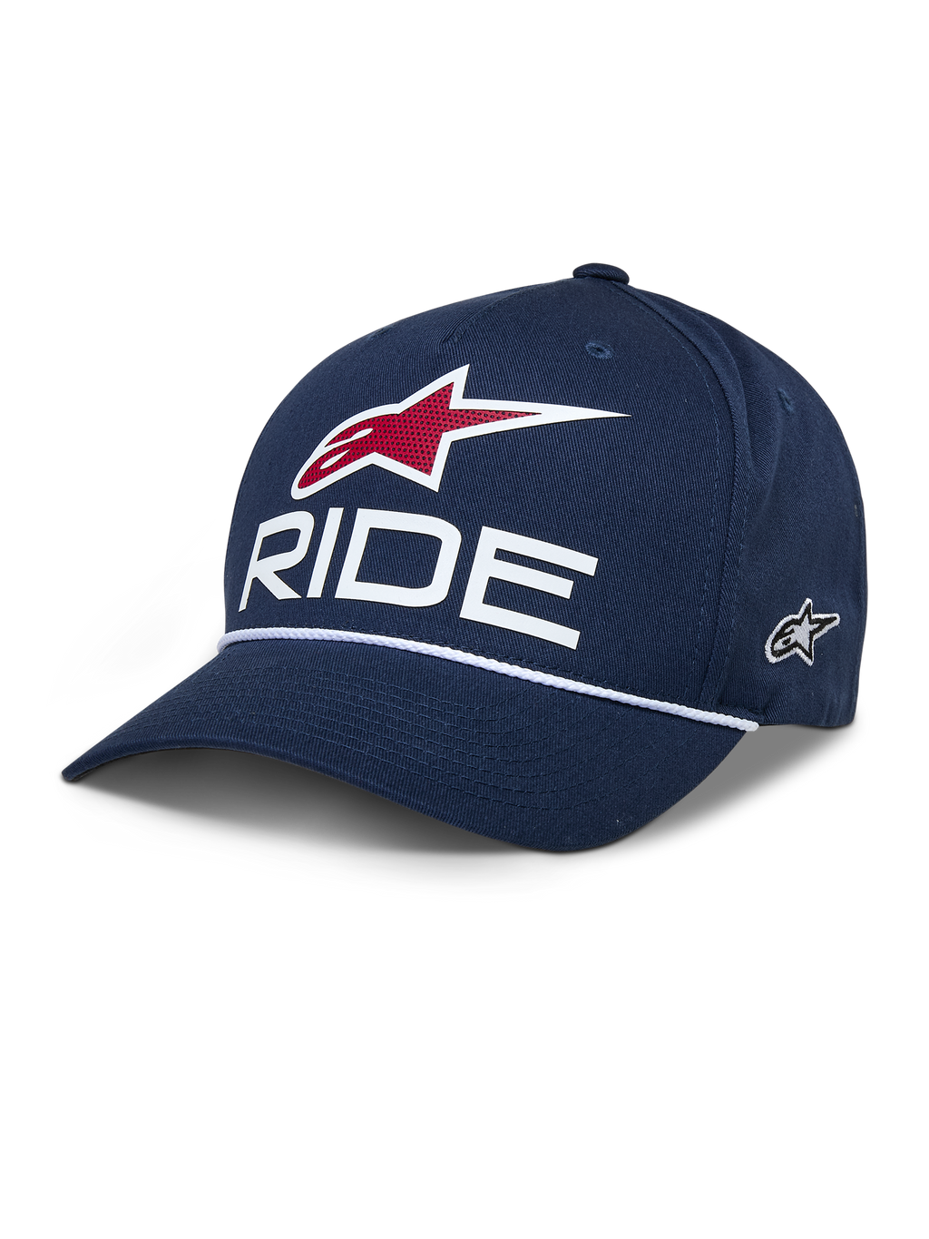 Alpinestars Ride Comp Snapback Hat, granatowa czapka z daszkiem, biały napis RIDE i czerwone logo z gwiazdą, zakrzywiony daszek z białym plecionym sznurkiem, sportowe nakrycie głowy