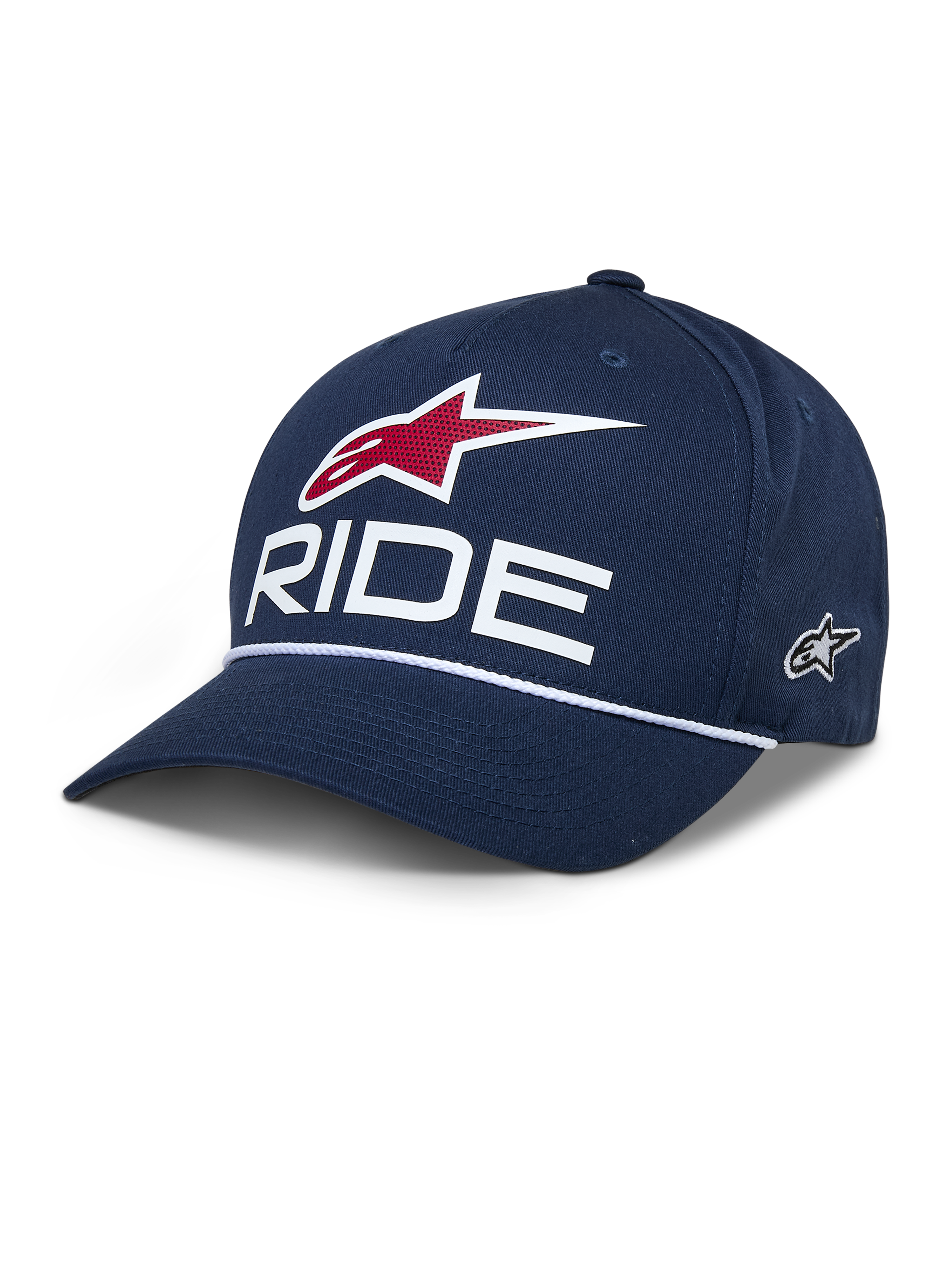 Alpinestars Ride Comp Snapback Hat, granatowa czapka z daszkiem, biały napis RIDE i czerwone logo z gwiazdą, zakrzywiony daszek z białym plecionym sznurkiem, sportowe nakrycie głowy