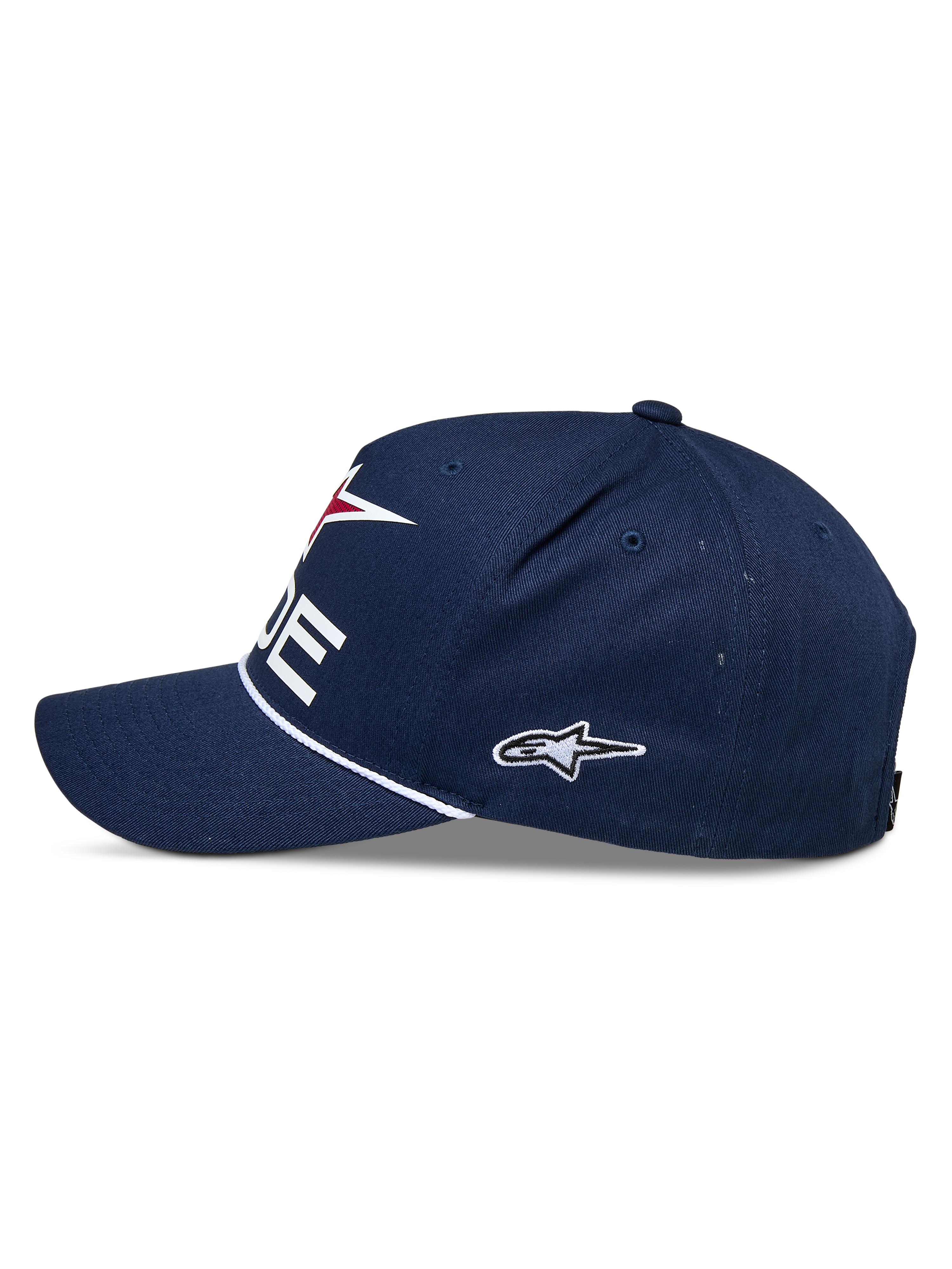 Alpinestars Ride Comp Snapback Hat, granatowa czapka z daszkiem z białymi i czerwonymi elementami, widok z boku, usztywniona korona z zakrzywionym daszkiem, biały ozdobny sznur, haftowane logo z boku, codzienne nakrycie głowy w stylu motorsport