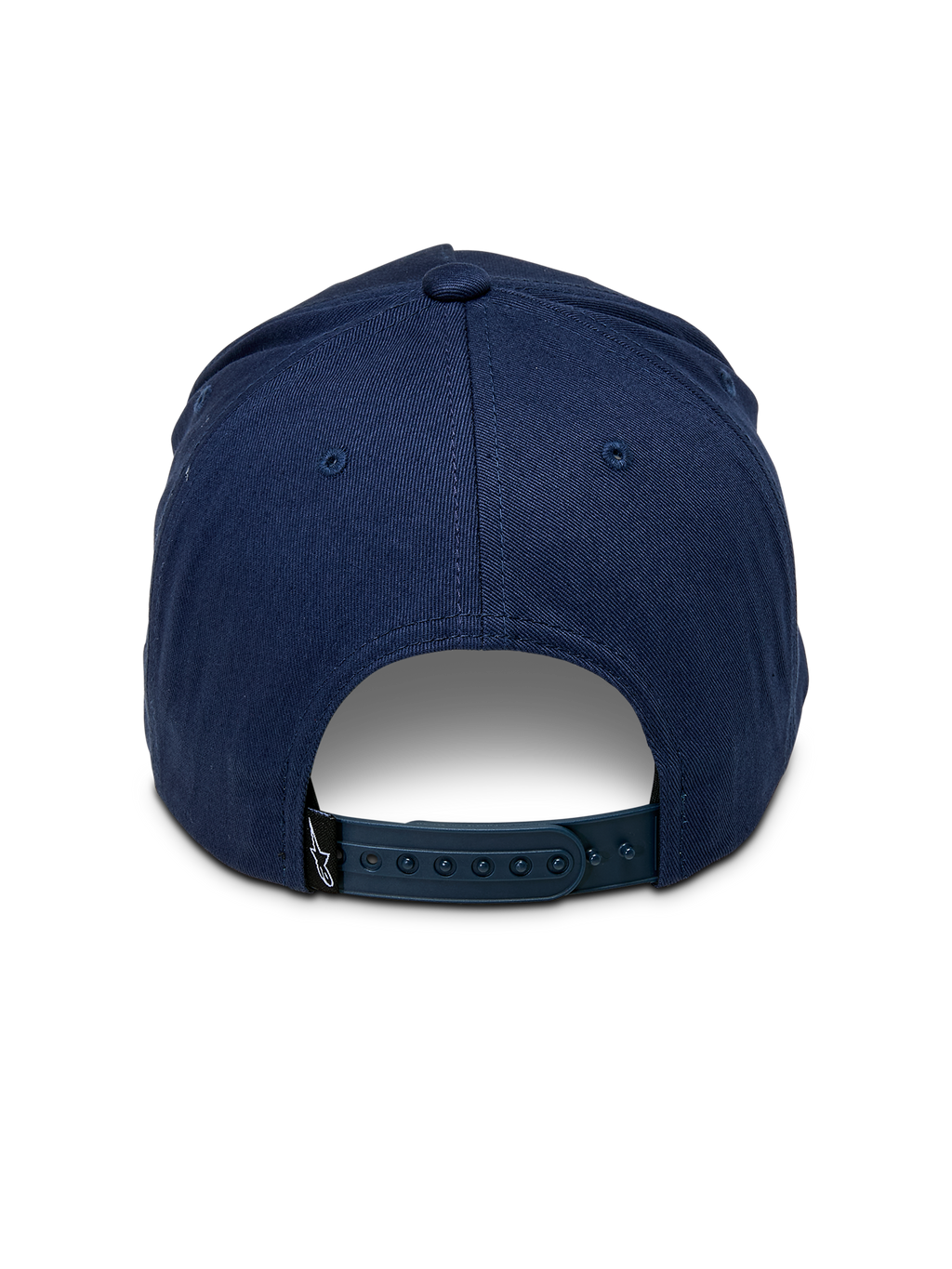 Czapka Alpinestars Ride Comp Snapback, granatowa, widok z tyłu z regulowanym plastikowym zapięciem typu snapback, mała czarna metka z logo, usztywniona korona z bawełnianego twillu, codzienne nakrycie głowy inspirowane motorsportem