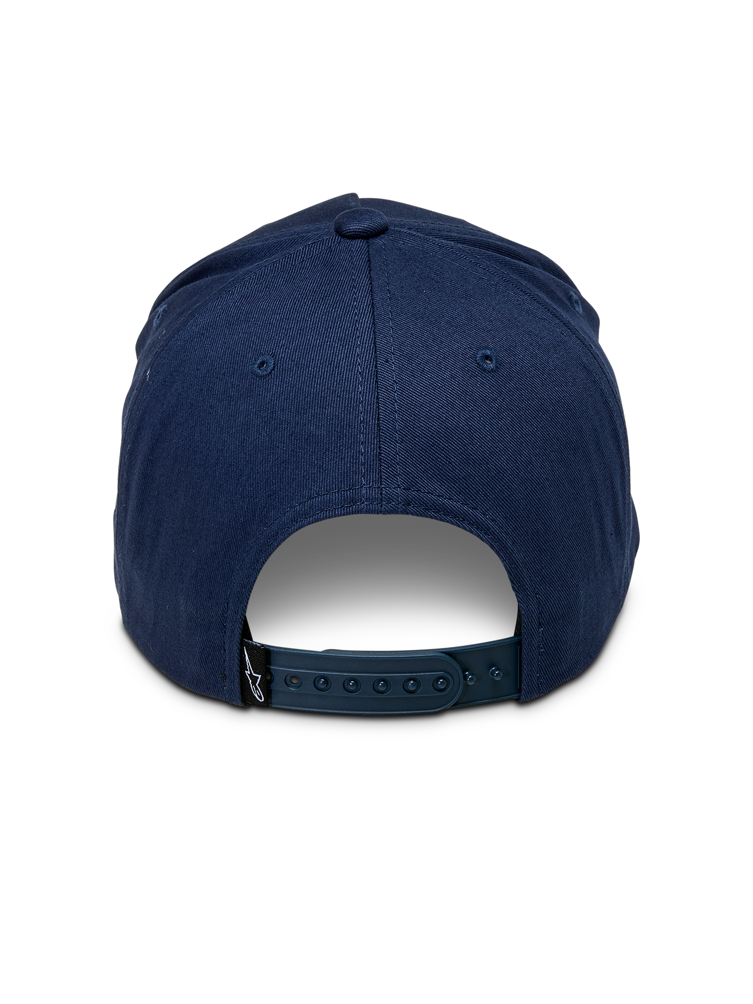 Czapka Alpinestars Ride Comp Snapback, granatowa, widok z tyłu z regulowanym plastikowym zapięciem typu snapback, mała czarna metka z logo, usztywniona korona z bawełnianego twillu, codzienne nakrycie głowy inspirowane motorsportem