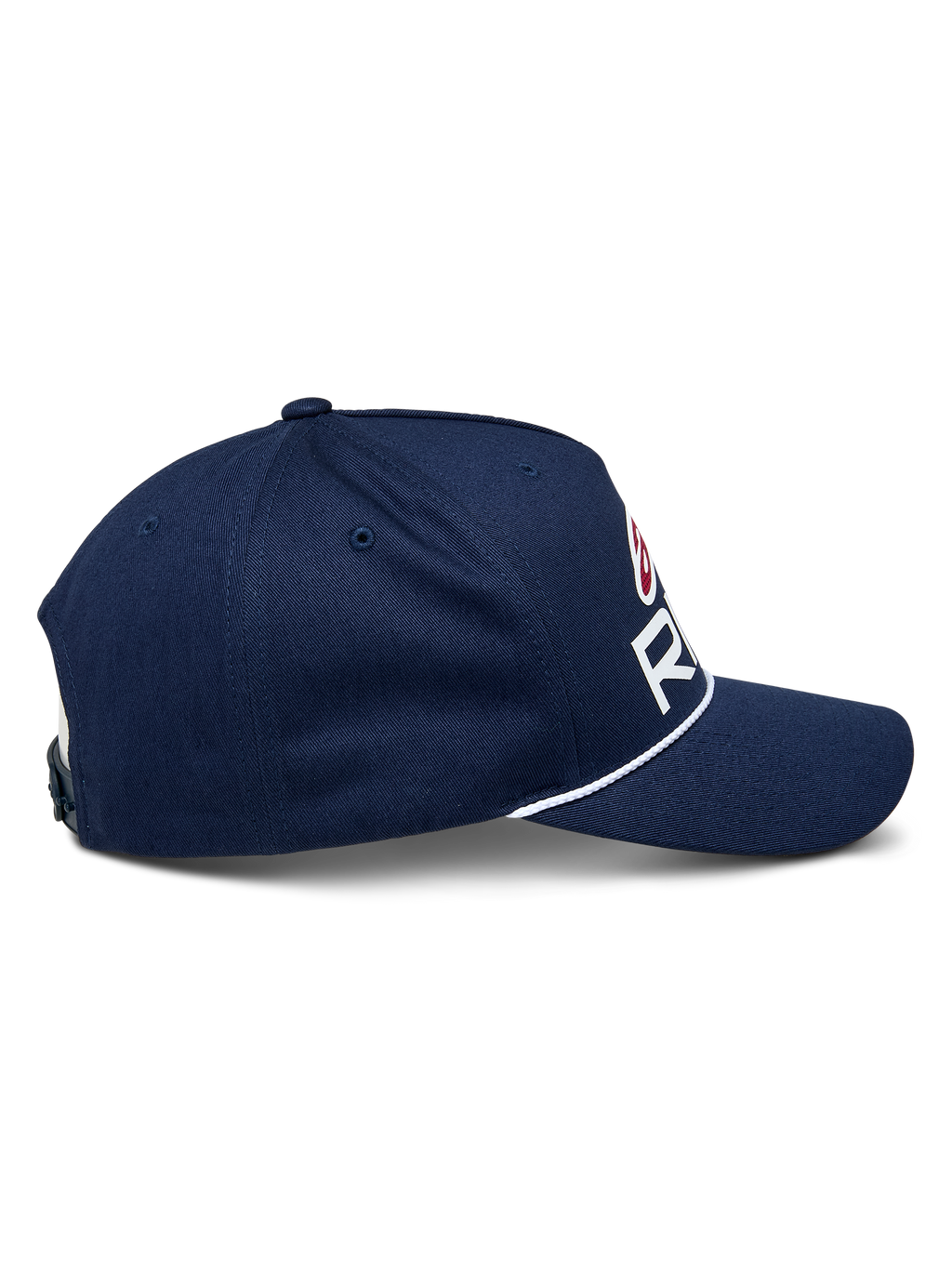 Czapka Alpinestars Ride Comp Snapback, granatowa z białymi i czerwonymi akcentami, profil boczny prezentujący zakrzywiony daszek i biały pleciony sznurek, usztywniona korona, casualowe nakrycie głowy w stylu motorsport