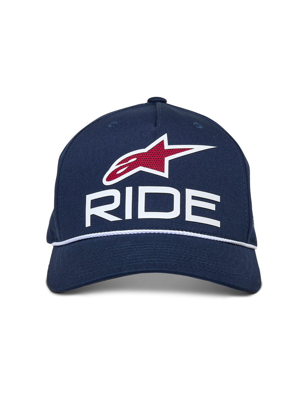 Alpinestars Ride Comp Snapback Hat, granatowa czapka z daszkiem z białymi i czerwonymi akcentami, logo RIDE 3D, czerwony symbol gwiazdy, biały pleciony sznurek, zakrzywiony daszek, sportowe nakrycie głowy
