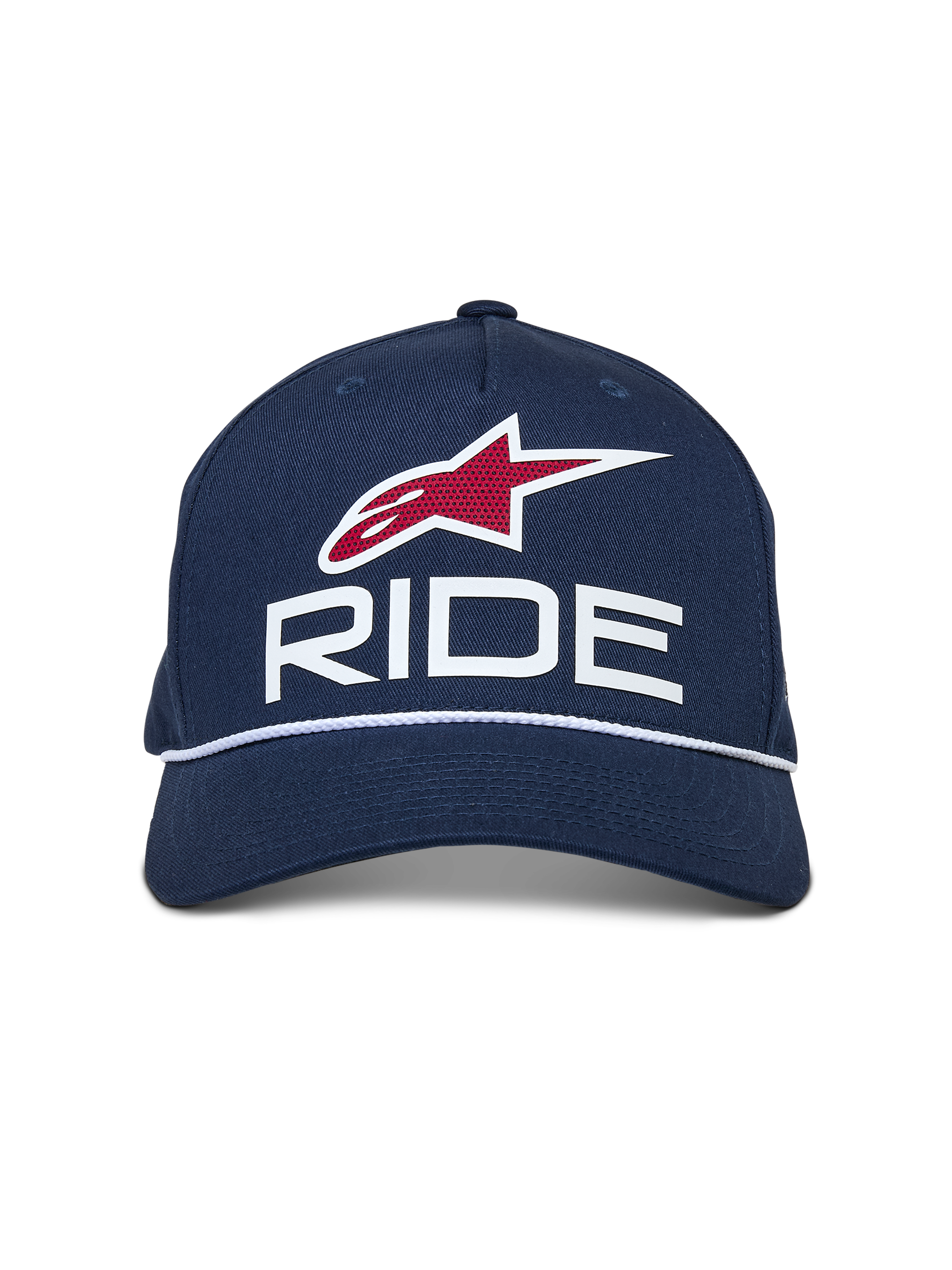 Alpinestars Ride Comp Snapback Hat, granatowa czapka z daszkiem z białymi i czerwonymi akcentami, logo RIDE 3D, czerwony symbol gwiazdy, biały pleciony sznurek, zakrzywiony daszek, sportowe nakrycie głowy