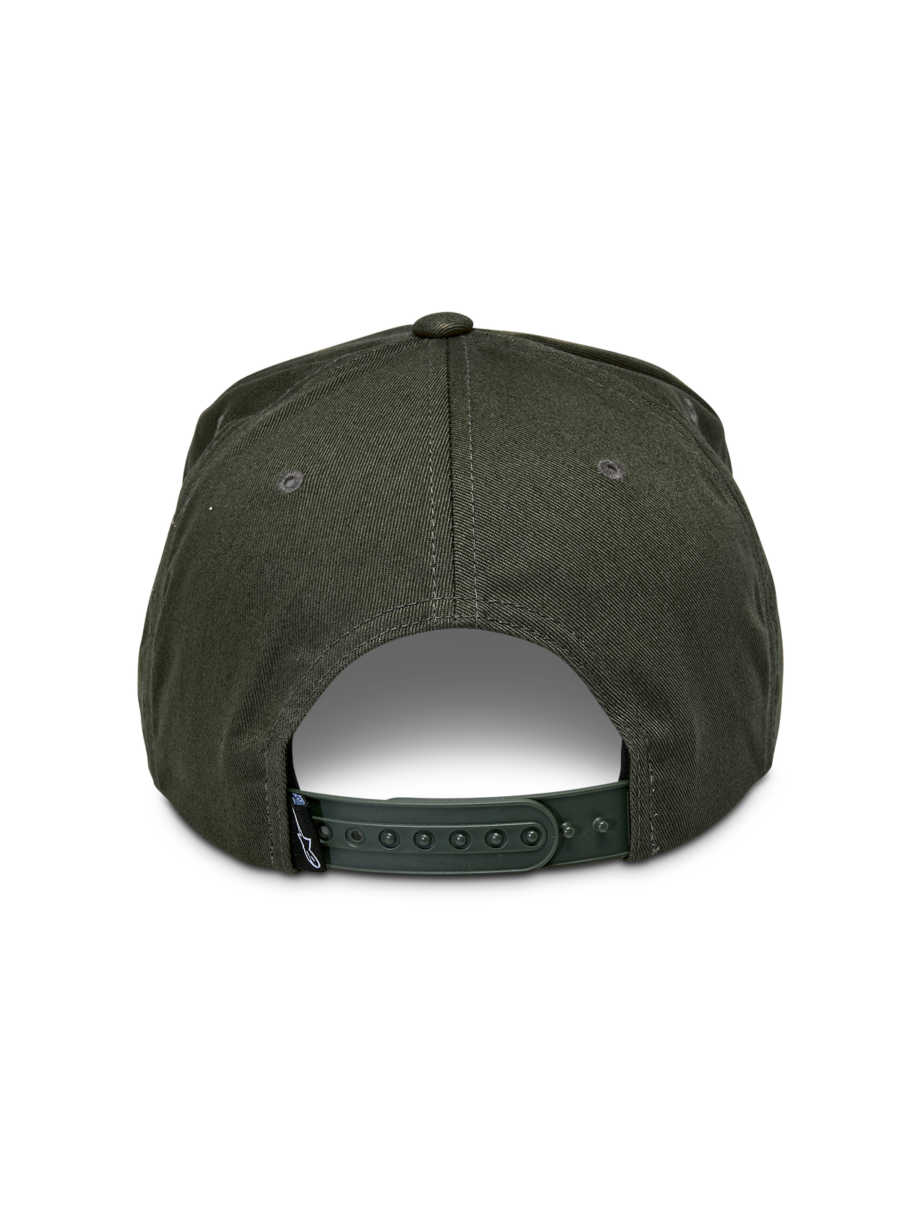 Czapka Alpinestars Promptus Snapback, Military Green, widok z tyłu z regulowanym zapięciem typu snapback, tkanina z bawełnianego kepru, mała czarna metka z logo, codzienne nakrycie głowy inspirowane sportami motorowymi