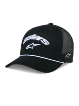 Alpinestars Agree Trucker Hat, Black, front white embroidered Astars curved logo, white braided rope detail at the visor seam, black mesh back, structured crown with curved bill