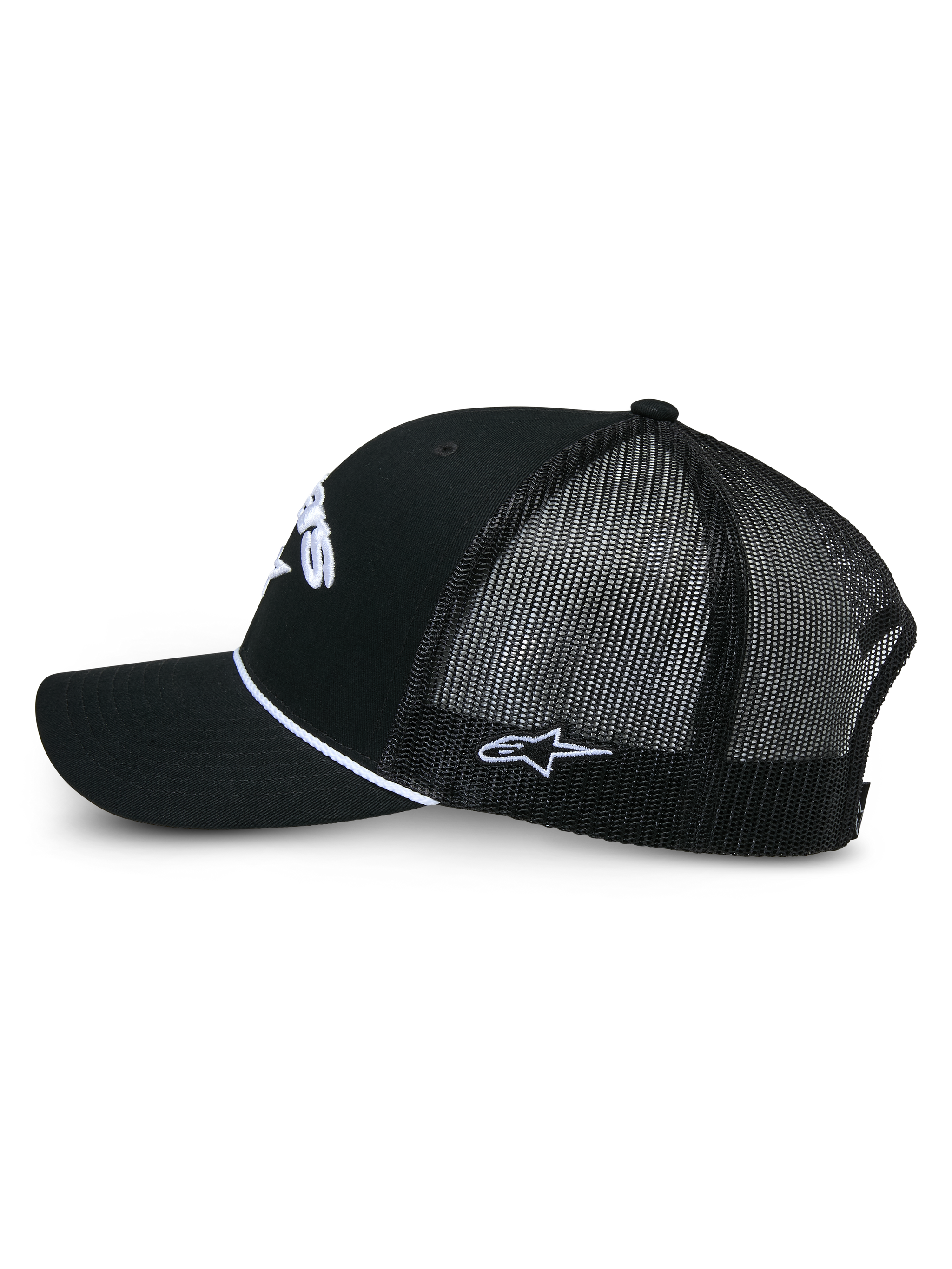Alpinestars Agree Trucker Hat, Black trucker cap, side view showing black twill front and mesh back, white braided rope detail, white embroidered logos, casual motorsport-inspired headwear