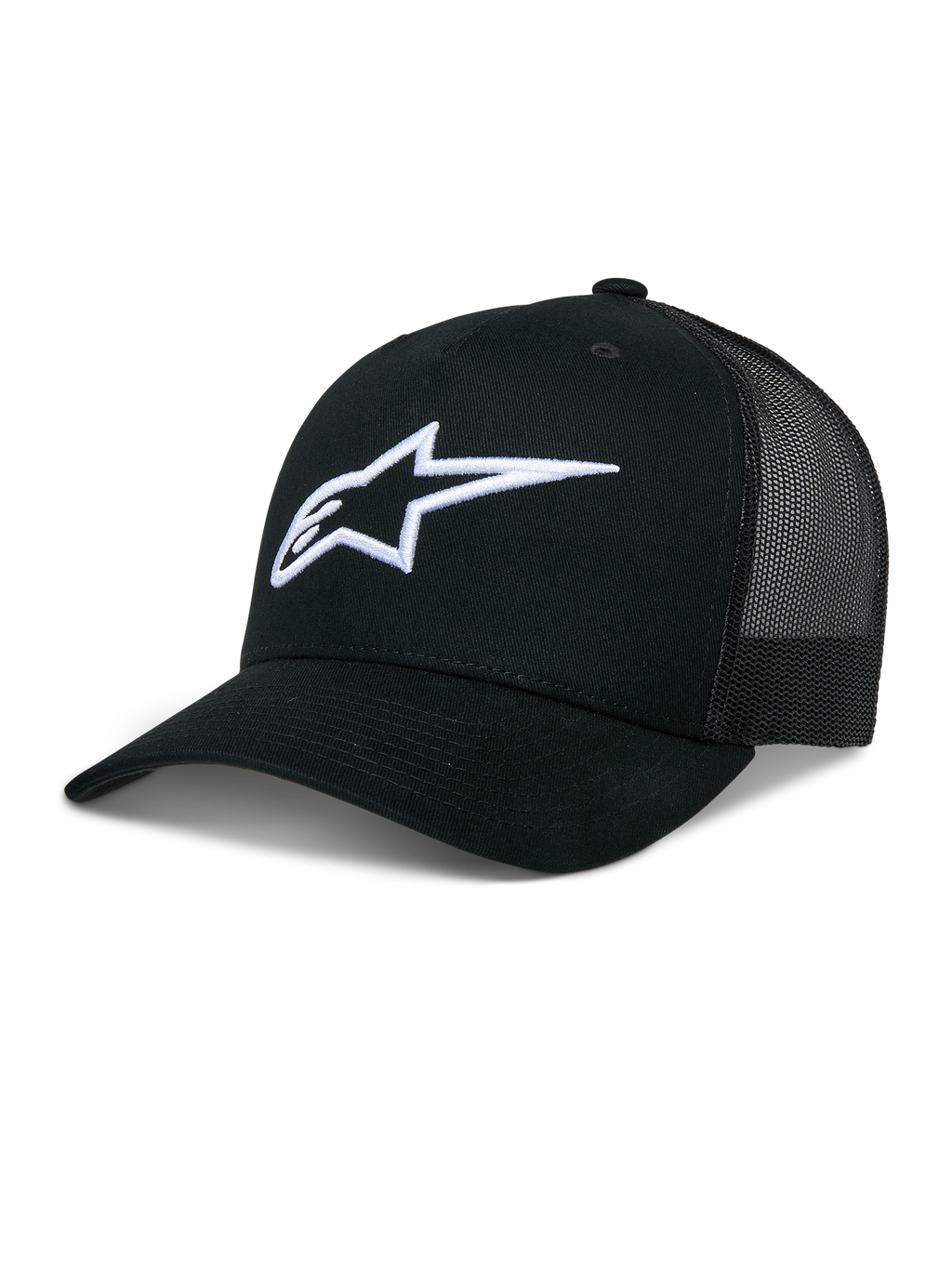 Alpinestars Ageless Trucker Hat, czarna czapka z daszkiem typu trucker, białe haftowane logo Astars 3D, usztywniona korona i zakrzywiony daszek, codzienne nakrycie głowy