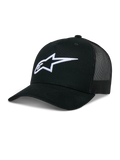 Alpinestars Ageless Trucker Hat, czarna czapka z daszkiem typu trucker, białe haftowane logo Astars 3D, usztywniona korona i zakrzywiony daszek, codzienne nakrycie głowy