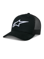 Alpinestars Ageless Trucker Hat, czarna czapka z daszkiem typu trucker, białe haftowane logo Astars 3D, usztywniona korona i zakrzywiony daszek, codzienne nakrycie głowy