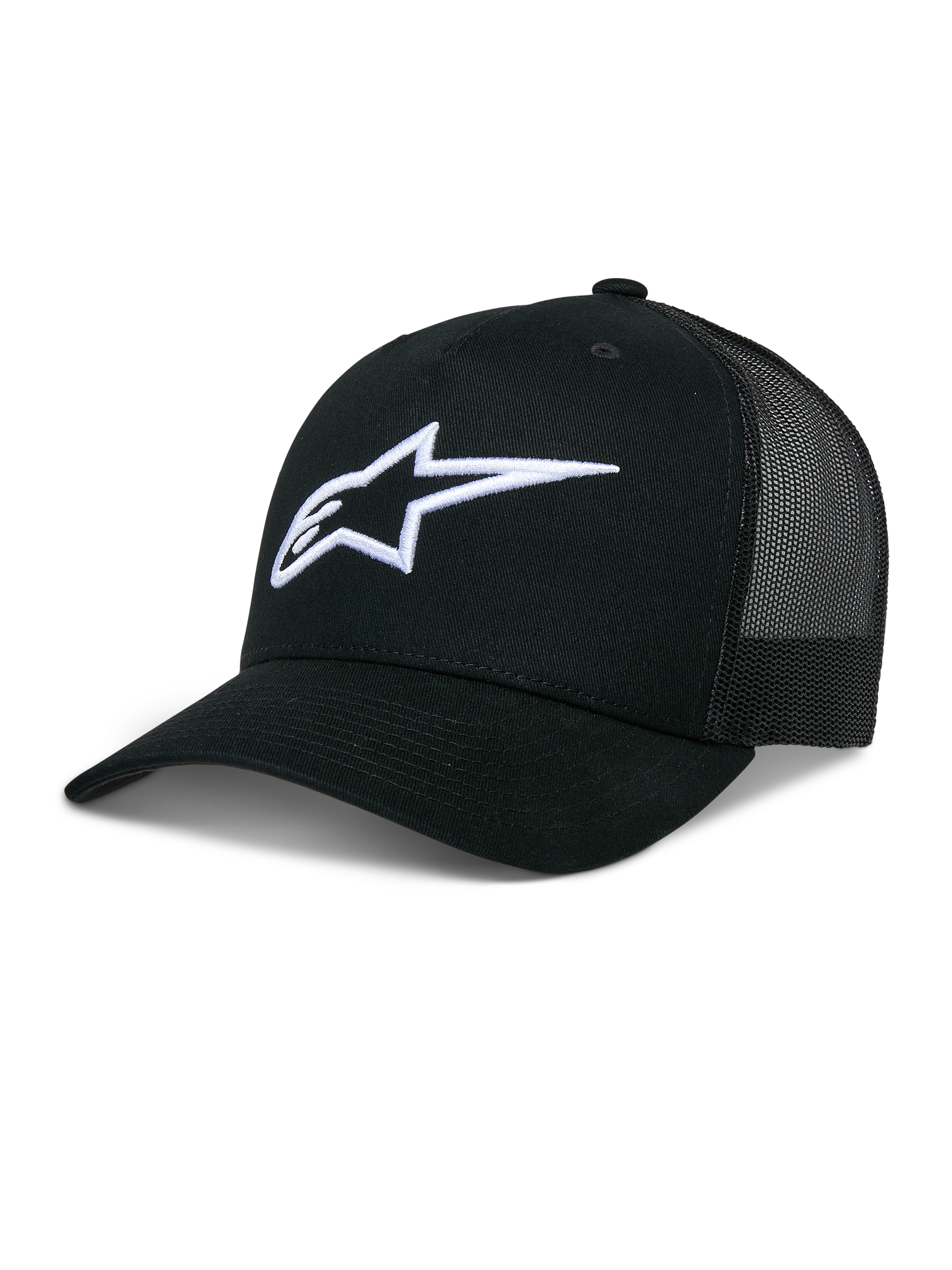 Alpinestars Ageless Trucker Hat, czarna czapka z daszkiem typu trucker, białe haftowane logo Astars 3D, usztywniona korona i zakrzywiony daszek, codzienne nakrycie głowy